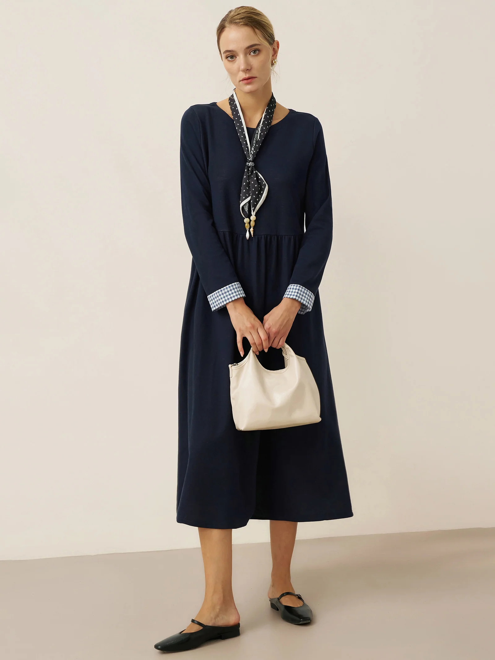 Organic Cotton Patchwork Cuff Crew Neck Casual Maxi Dress SCARLETT - Image 8