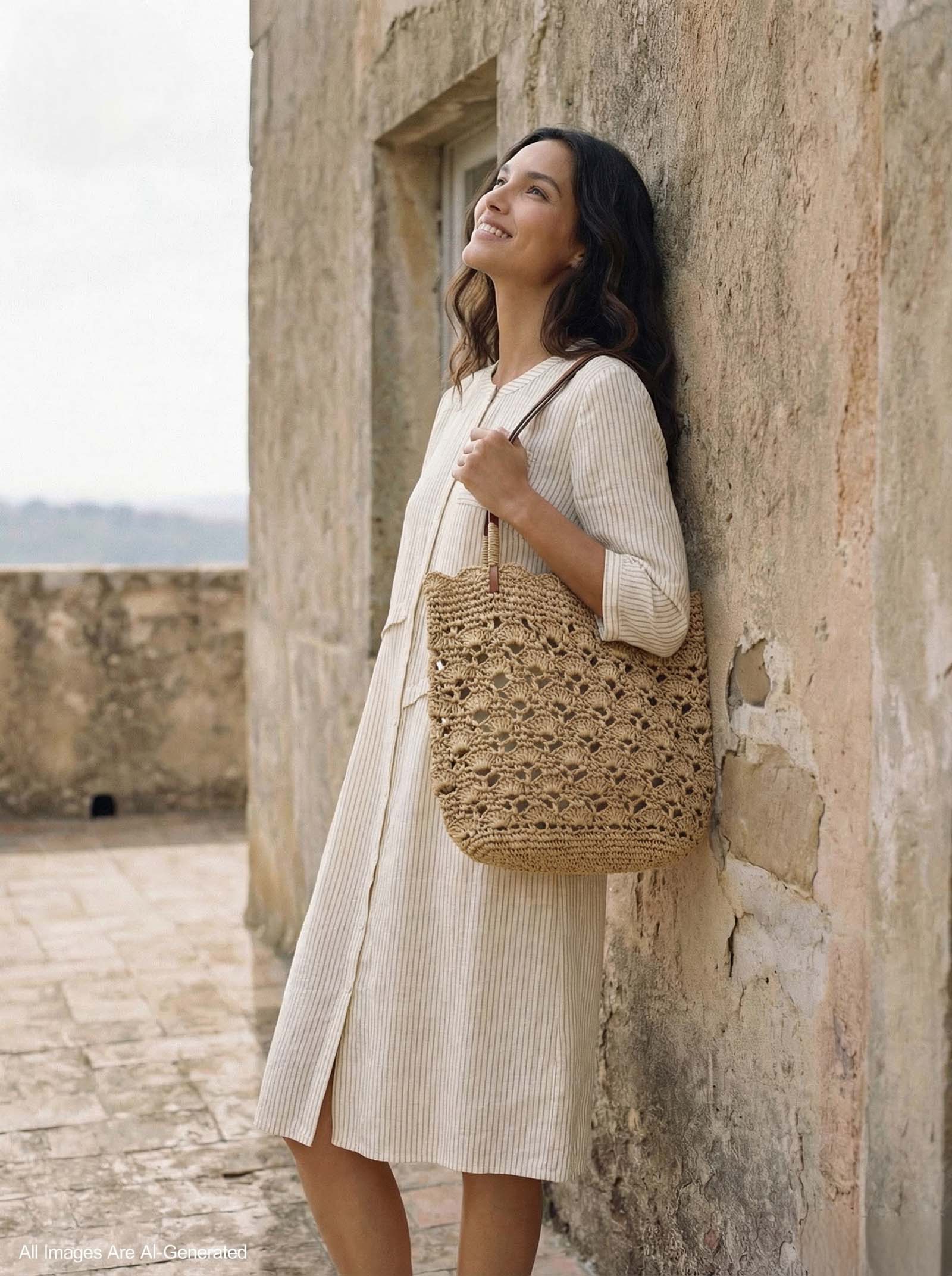Crochet Woven Fan-Shape Shoulder Tote Bag - Image 2