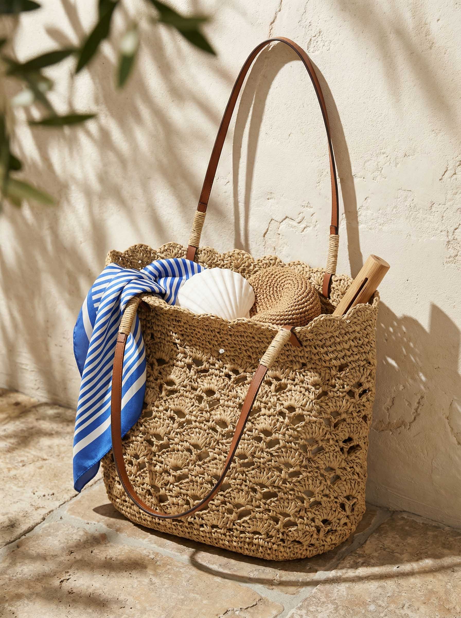 Crochet Woven Fan-Shape Shoulder Tote Bag - Image 4