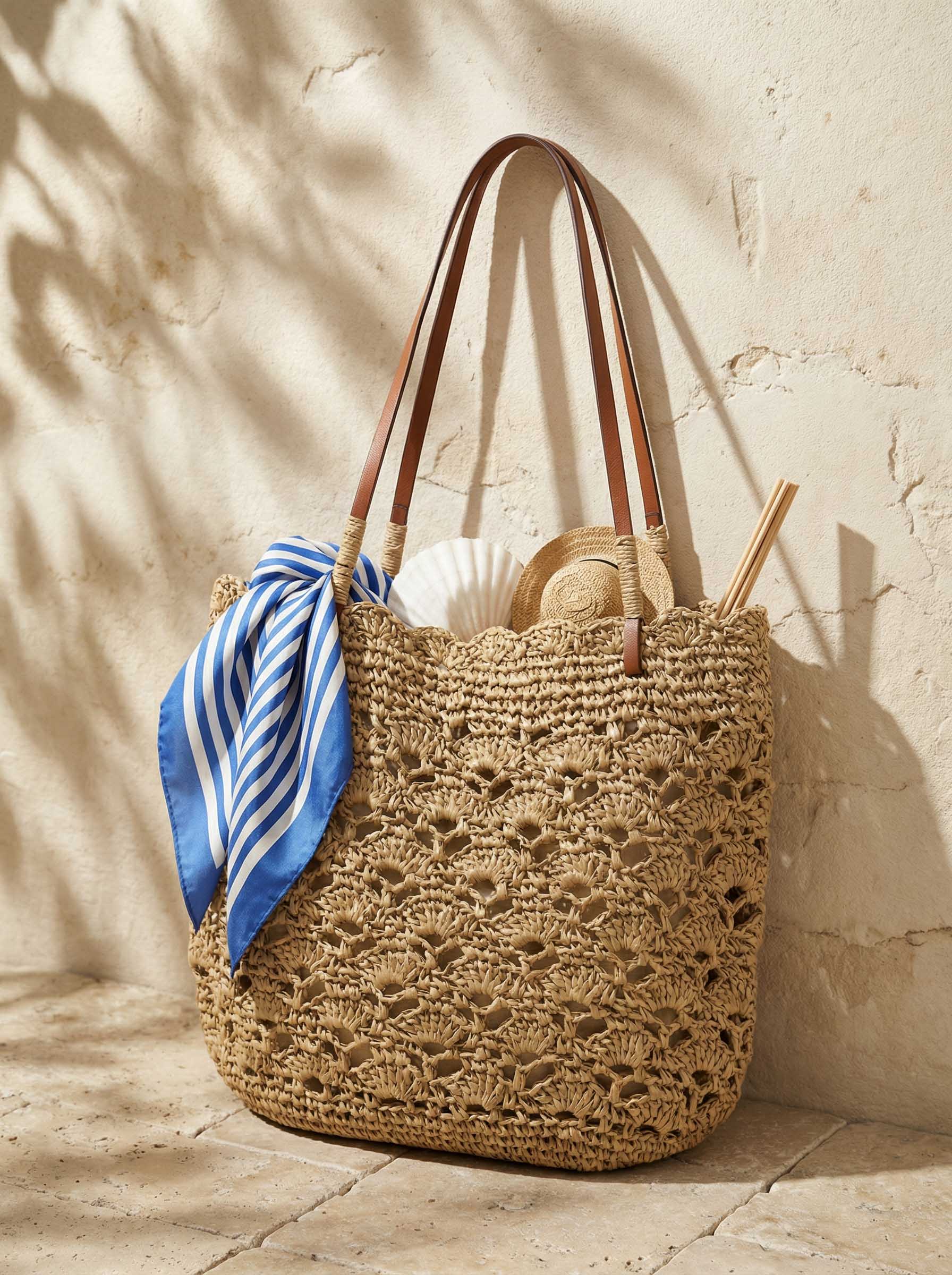 Crochet Woven Fan-Shape Shoulder Tote Bag - Image 5