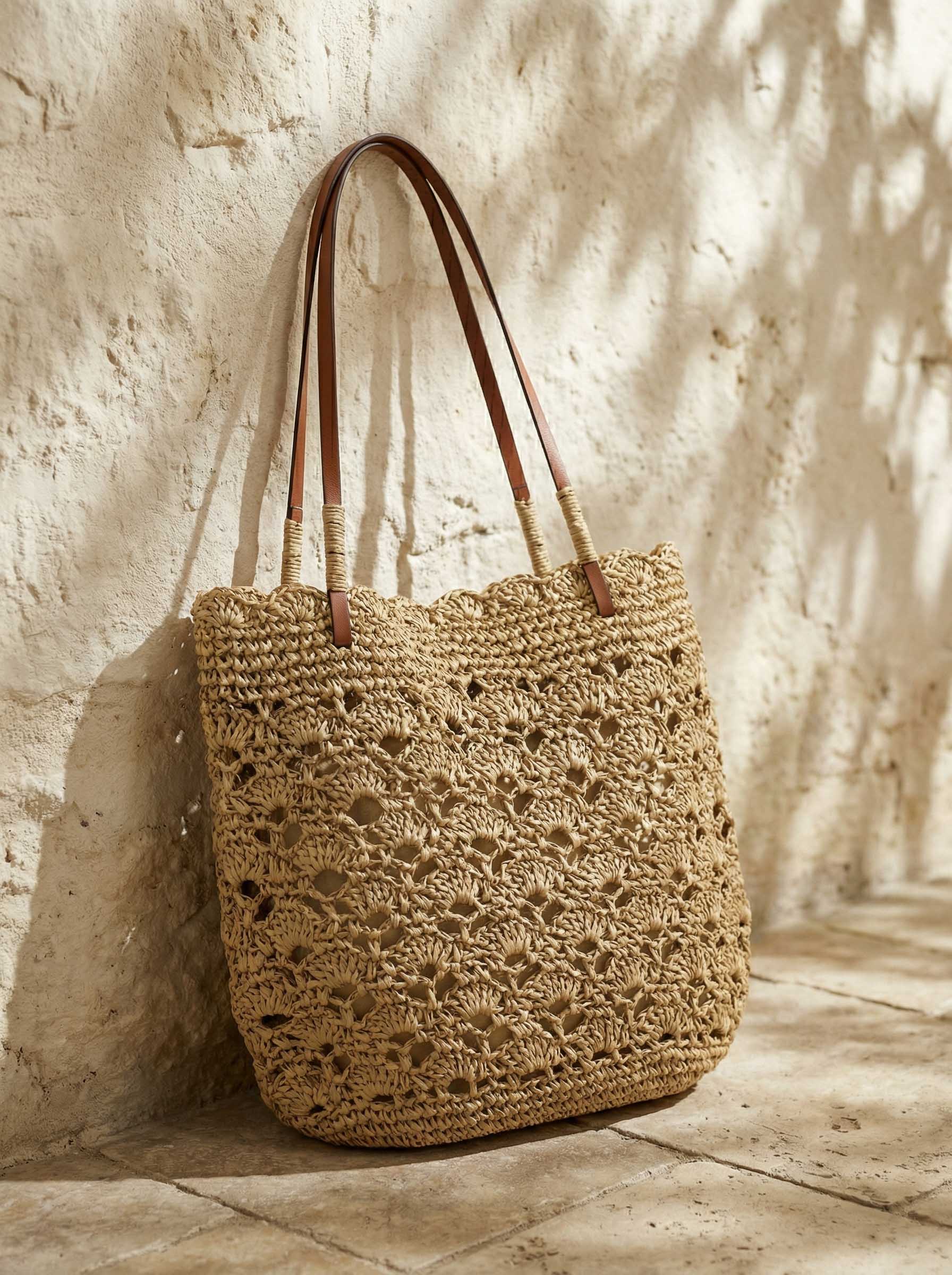 Crochet Woven Fan-Shape Shoulder Tote Bag - Image 6