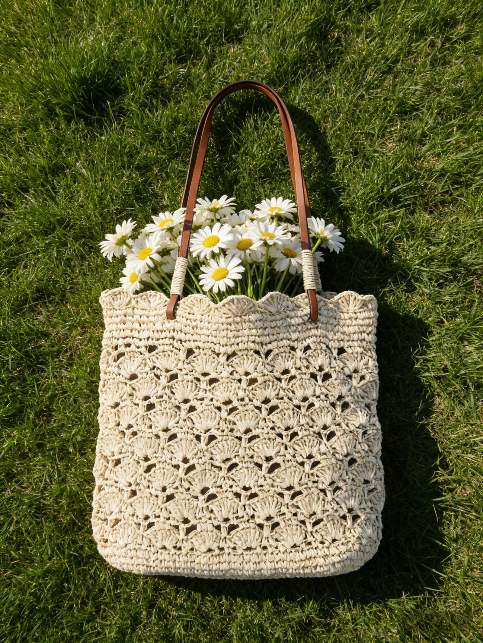 Crochet Woven Fan-Shape Shoulder Tote Bag - Image 7