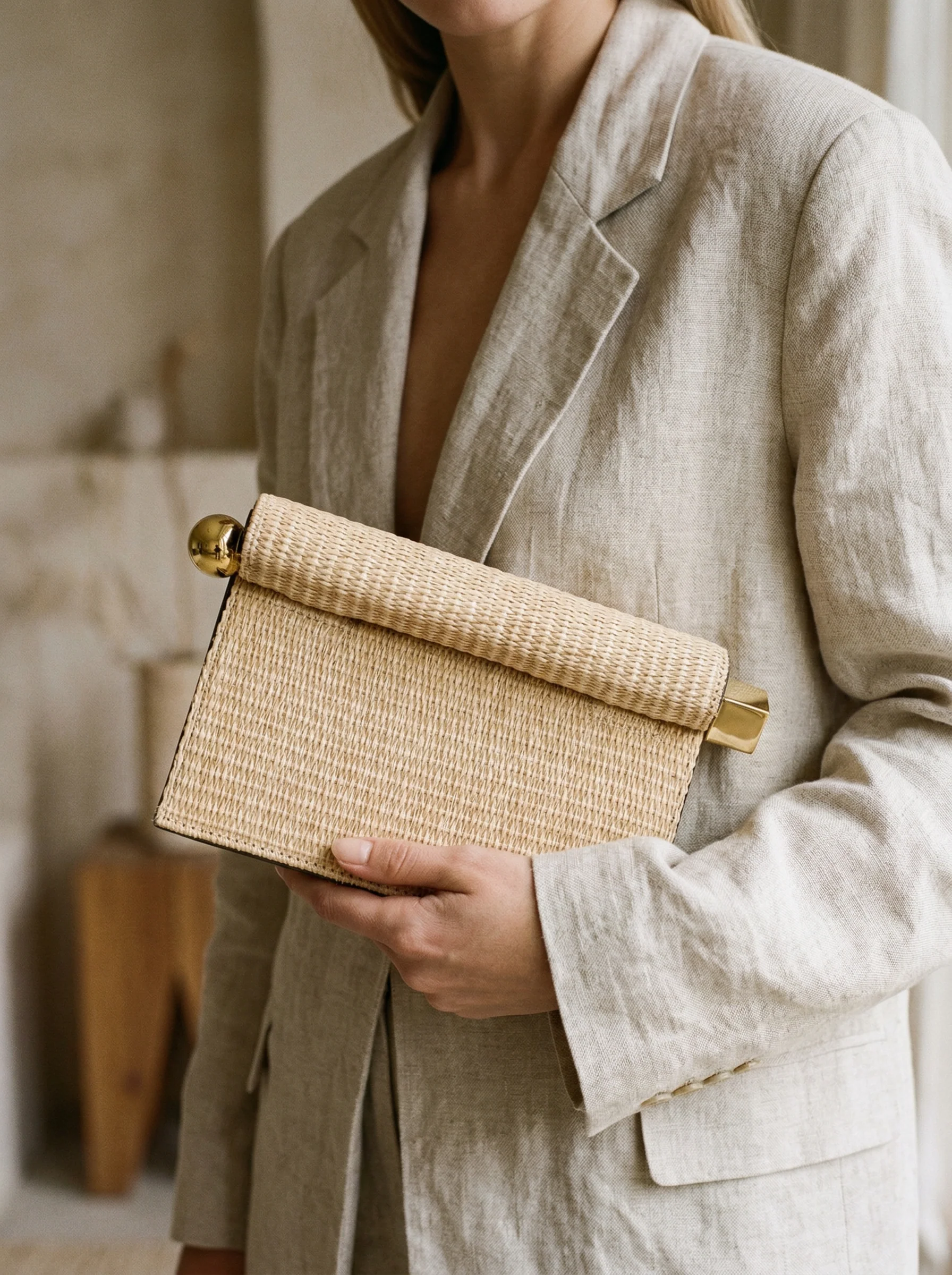 Elegant Woven Straw Foldover Clutch Natural Evening Handbag for Special Occassion - Image 6