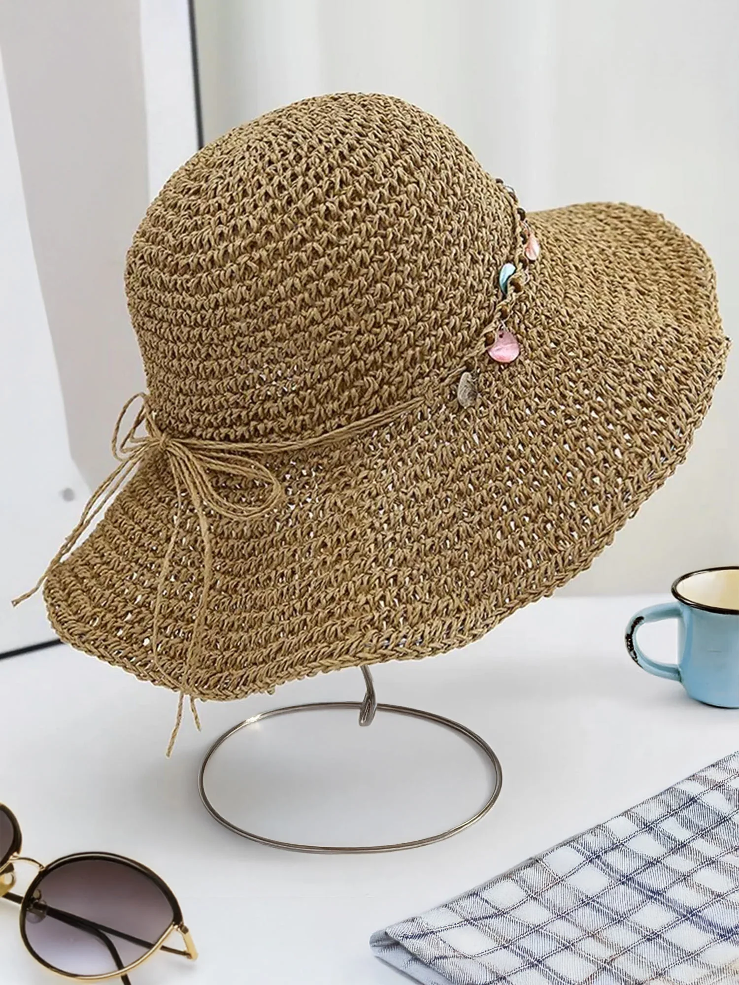 Foldable Wide Brim Straw Hat with Shell Decor - Image 5