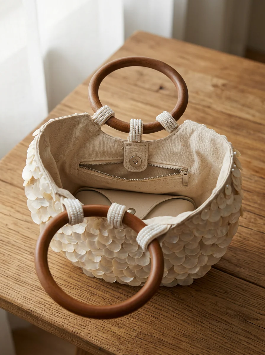 Handmade Shell Handbag Pearl Shell Tote Bag with Wooden Handle - Image 3