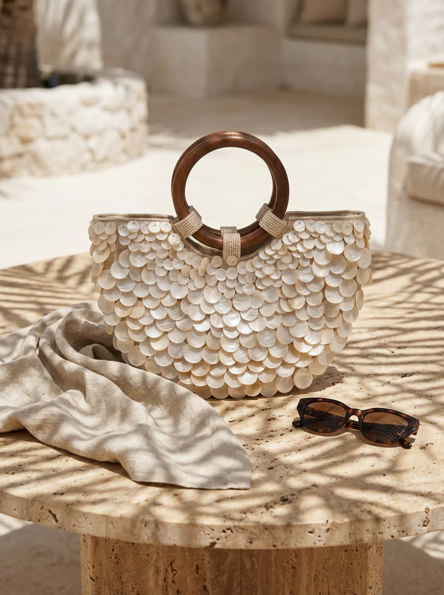 Handmade Shell Handbag Pearl Shell Tote Bag with Wooden Handle - Image 4