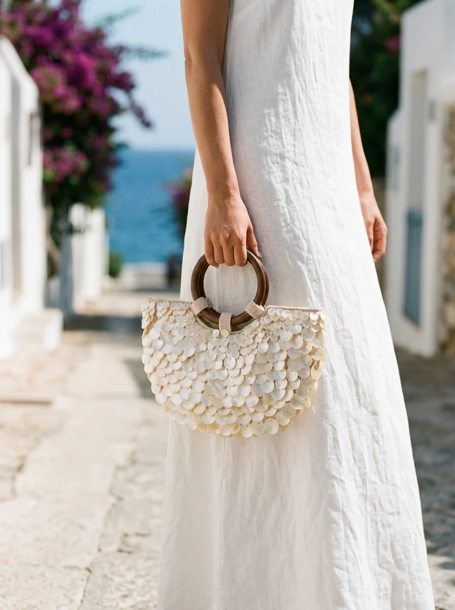 Handmade Shell Handbag Pearl Shell Tote Bag with Wooden Handle - Image 5
