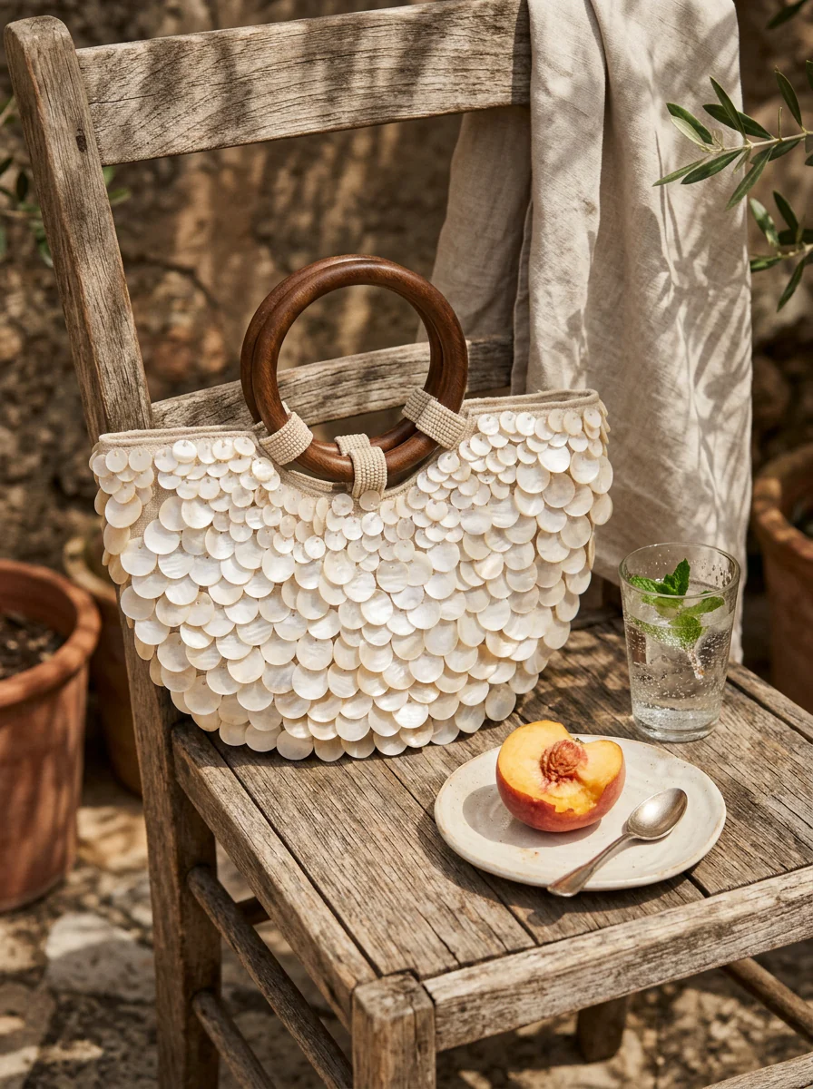 Handmade Shell Handbag Pearl Shell Tote Bag with Wooden Handle - Image 7