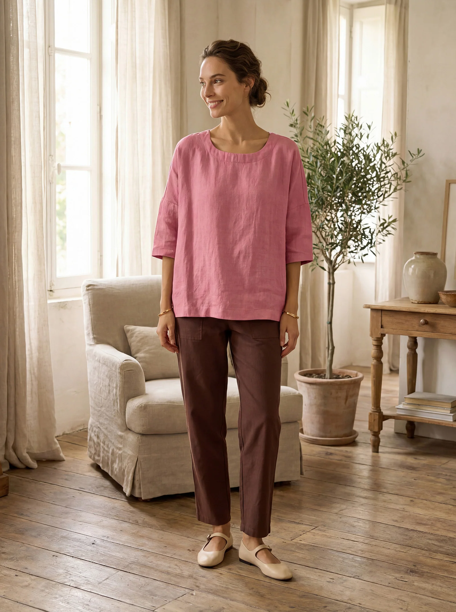 Linen Simple Button Fly Trousers HEIDI - Image 10