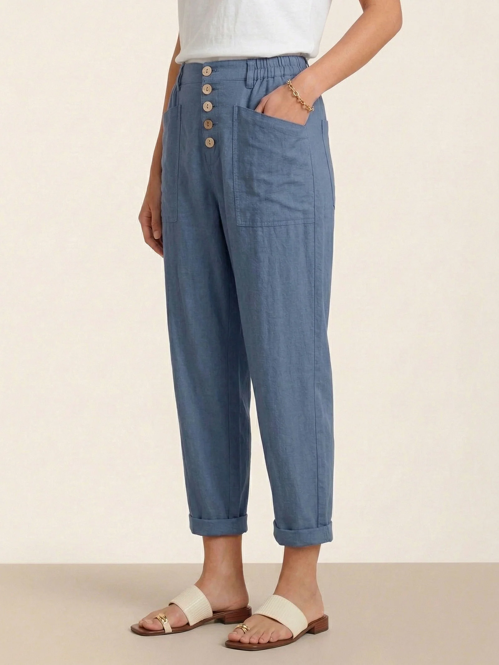 Linen Simple Button Fly Trousers HEIDI - Image 19