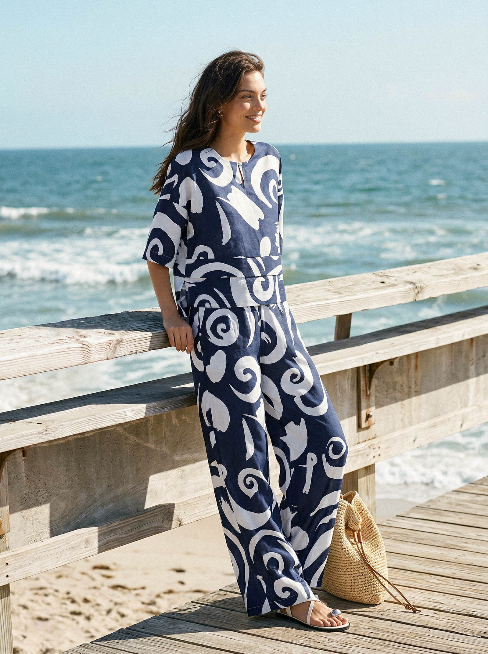 Linen Abstract-Print Straight-Leg Pants ORLA - Image 3