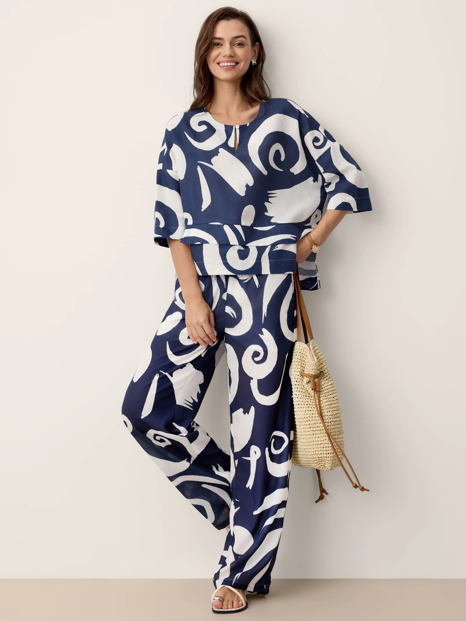 Linen Abstract-Print Straight-Leg Pants ORLA - Image 7