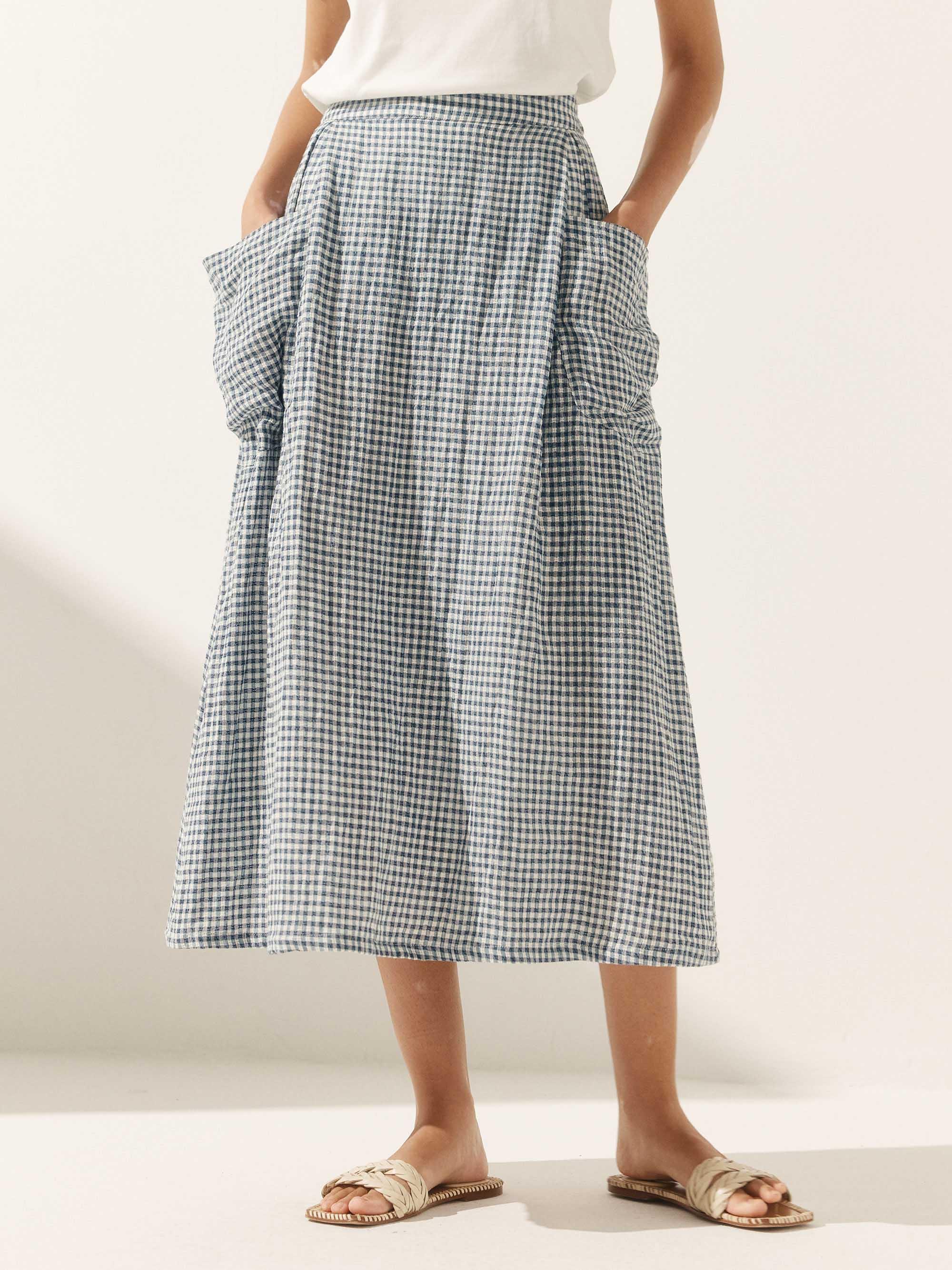 Linen Checked Elastic Waist Skirt MARINA - Image 8