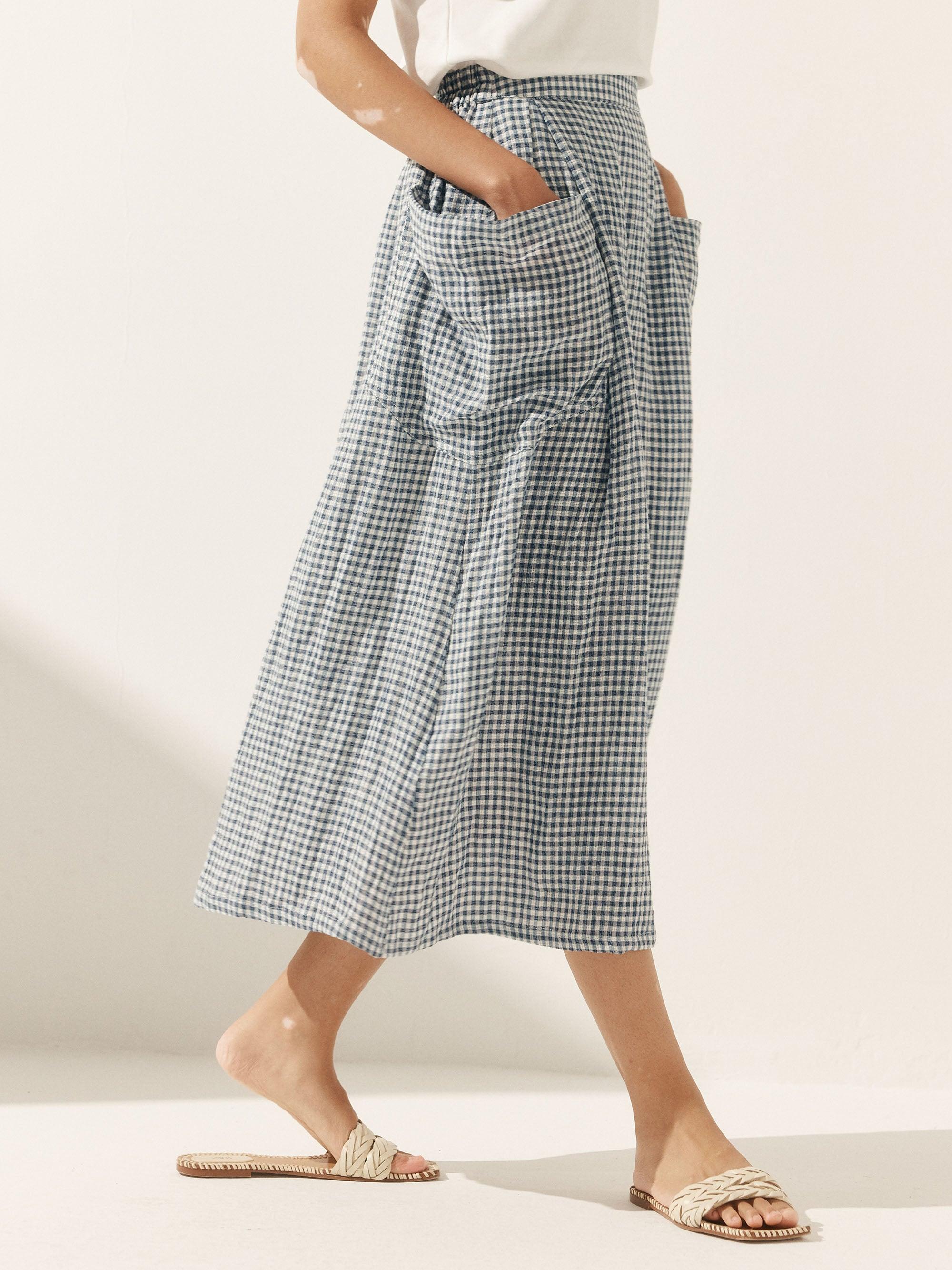 Linen Checked Elastic Waist Skirt MARINA - Image 9
