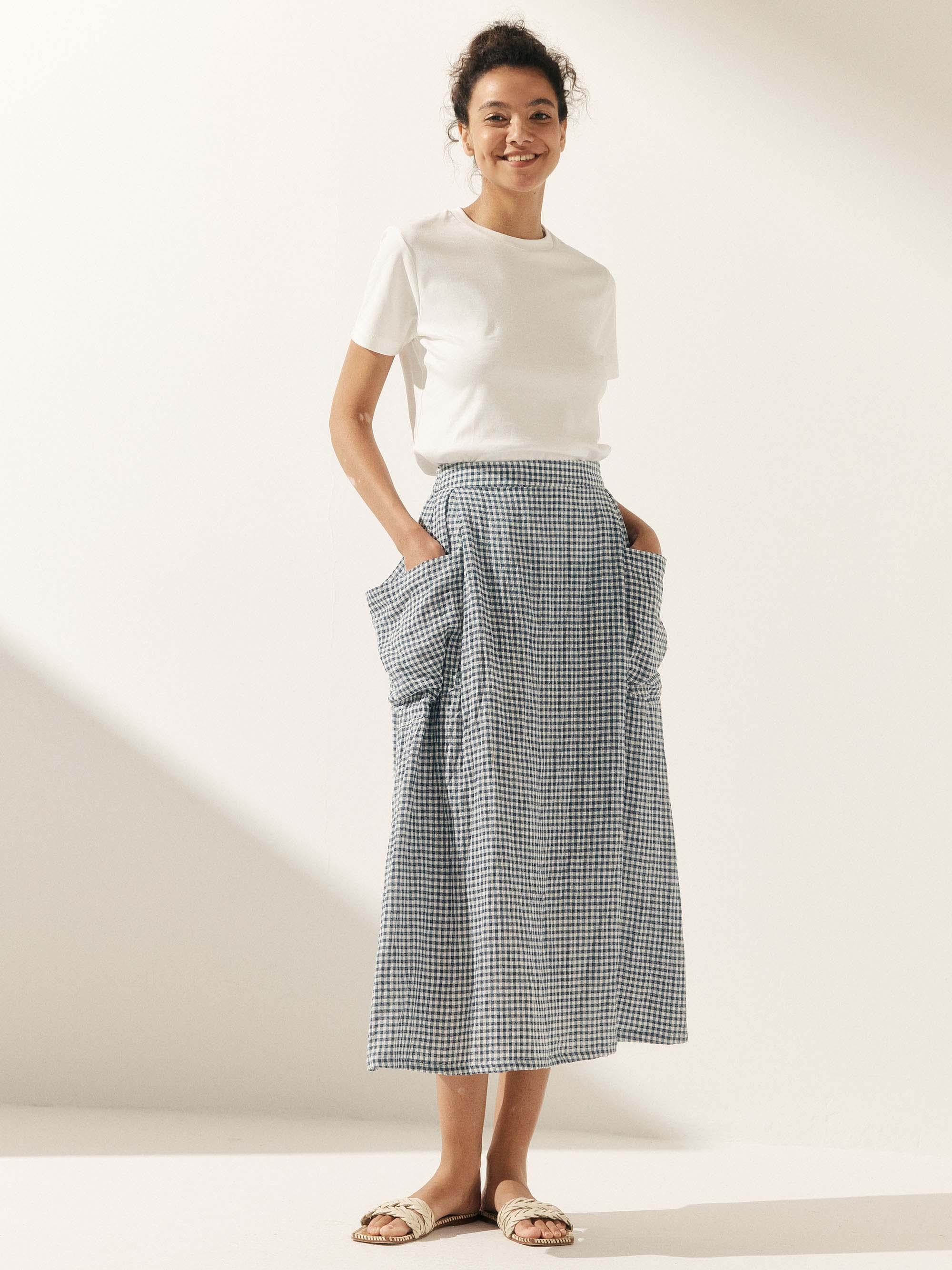 Linen Checked Elastic Waist Skirt MARINA - Image 11