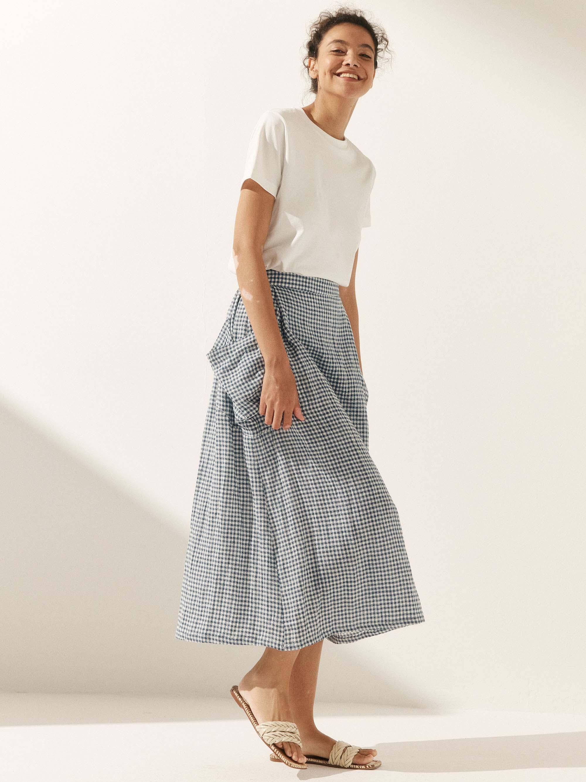 Linen Checked Elastic Waist Skirt MARINA - Image 12