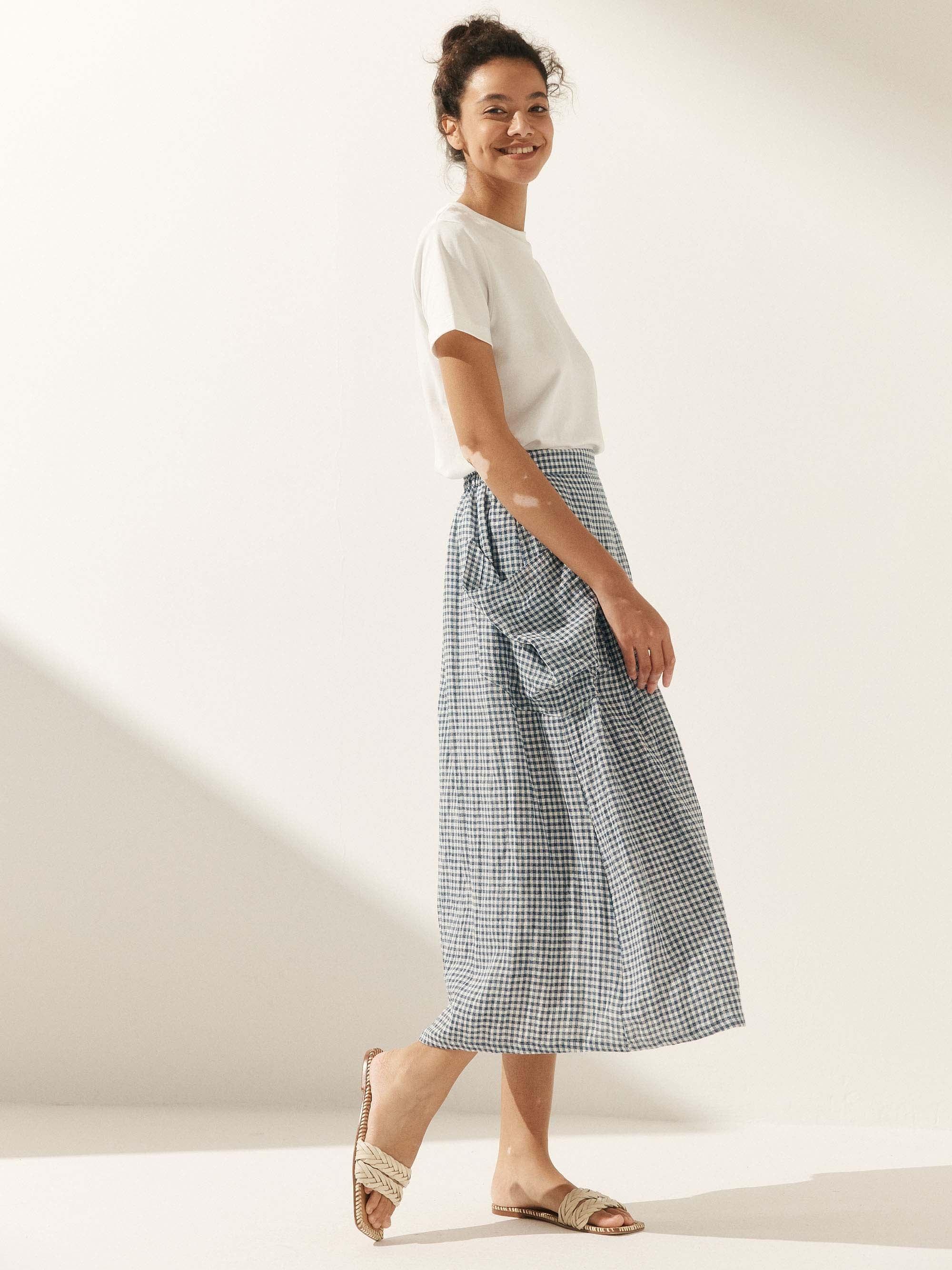 Linen Checked Elastic Waist Skirt MARINA - Image 13
