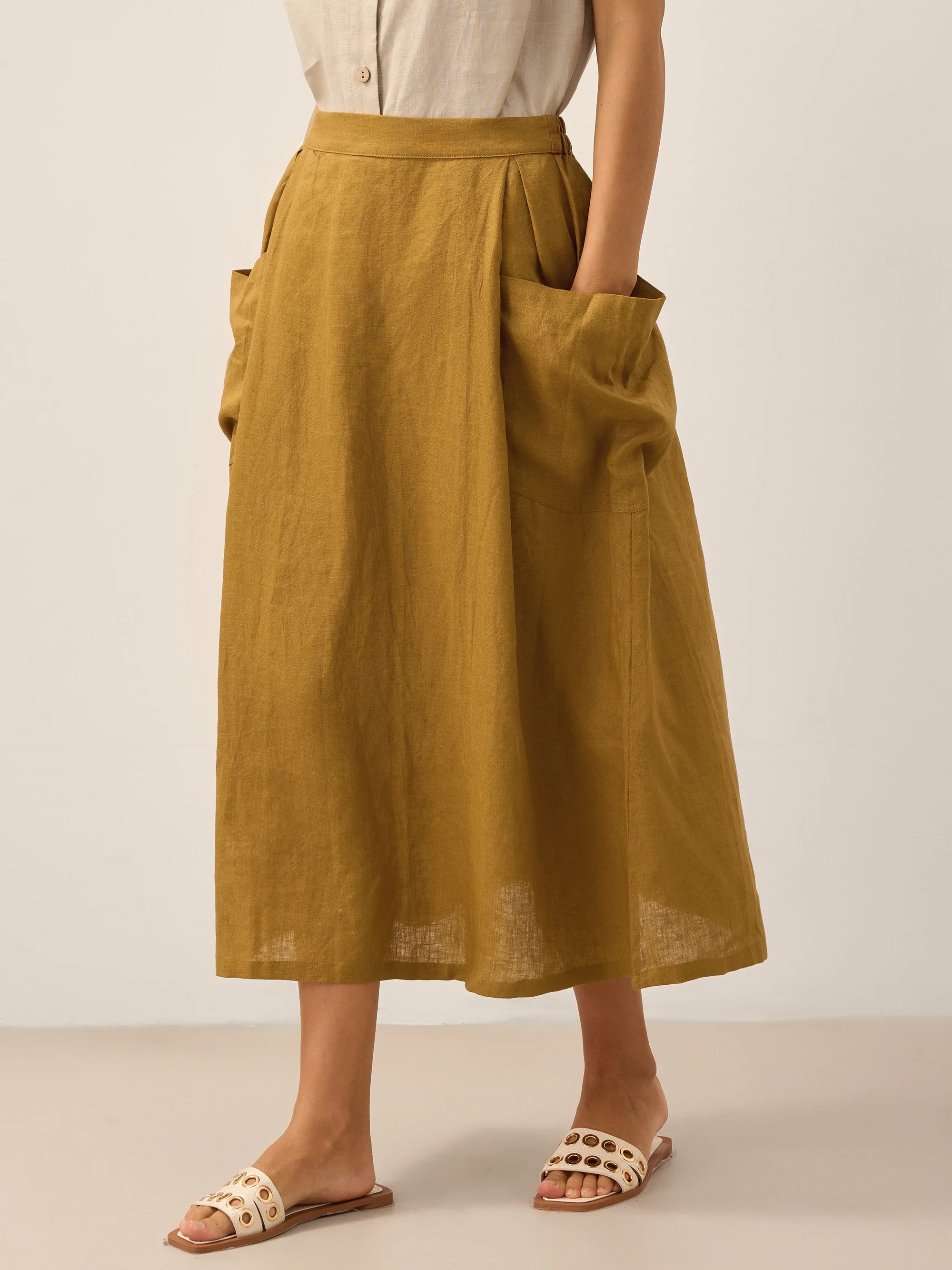 Linen Checked Elastic Waist Skirt MARINA - Image 18