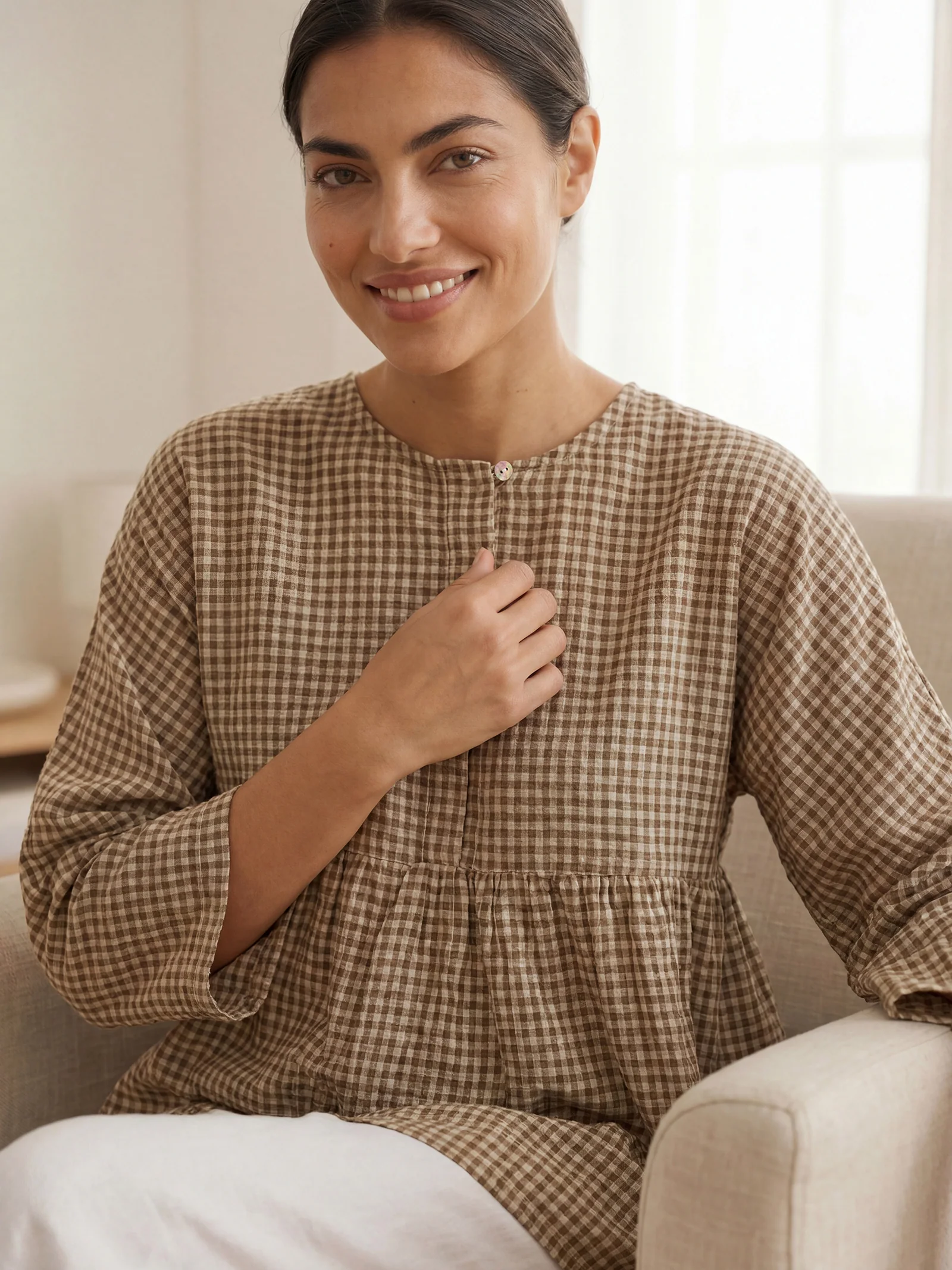 Linen Checked Long-Sleeved Top CAROLINE - Image 19
