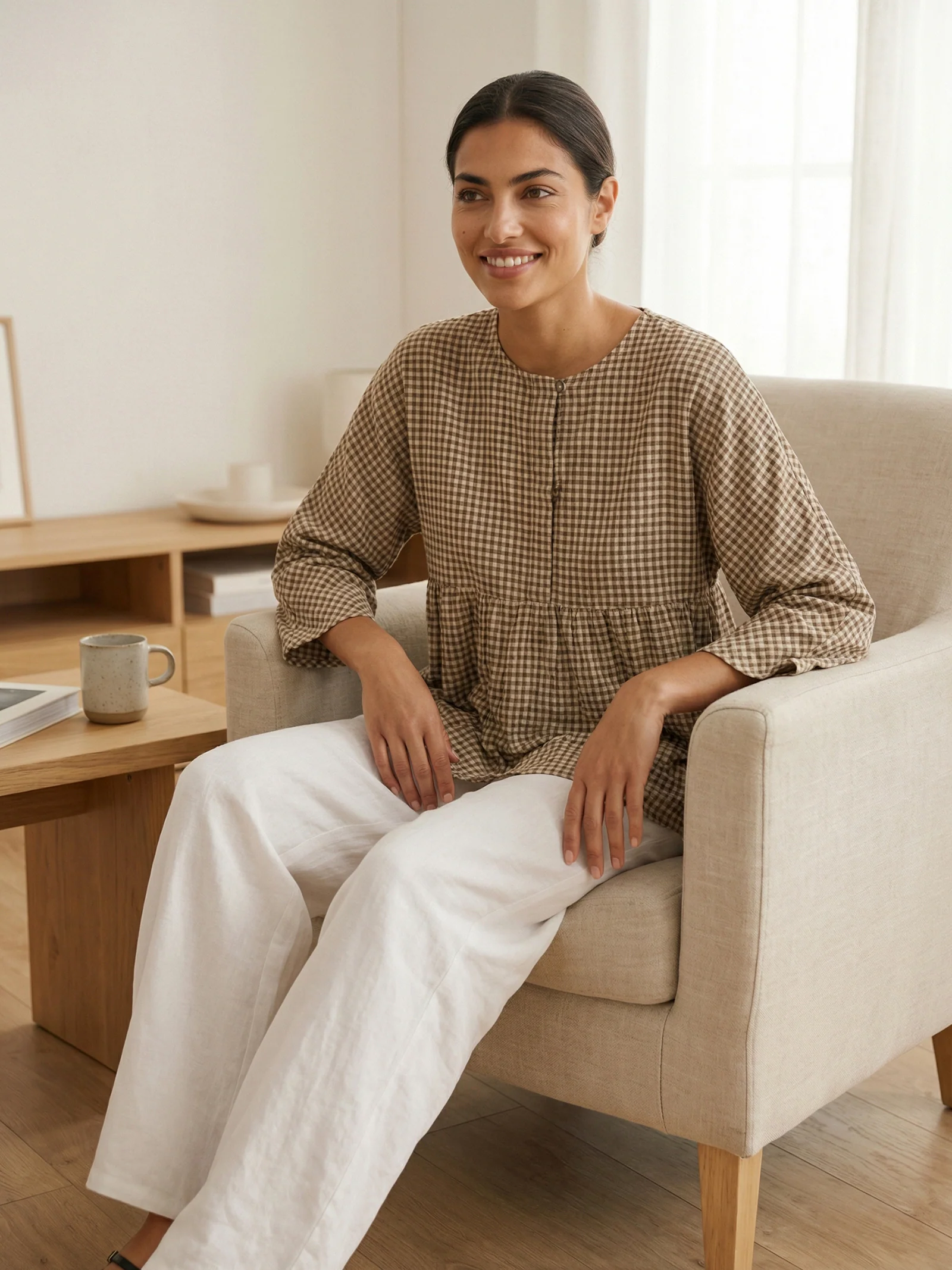 Linen Checked Long-Sleeved Top CAROLINE - Image 20