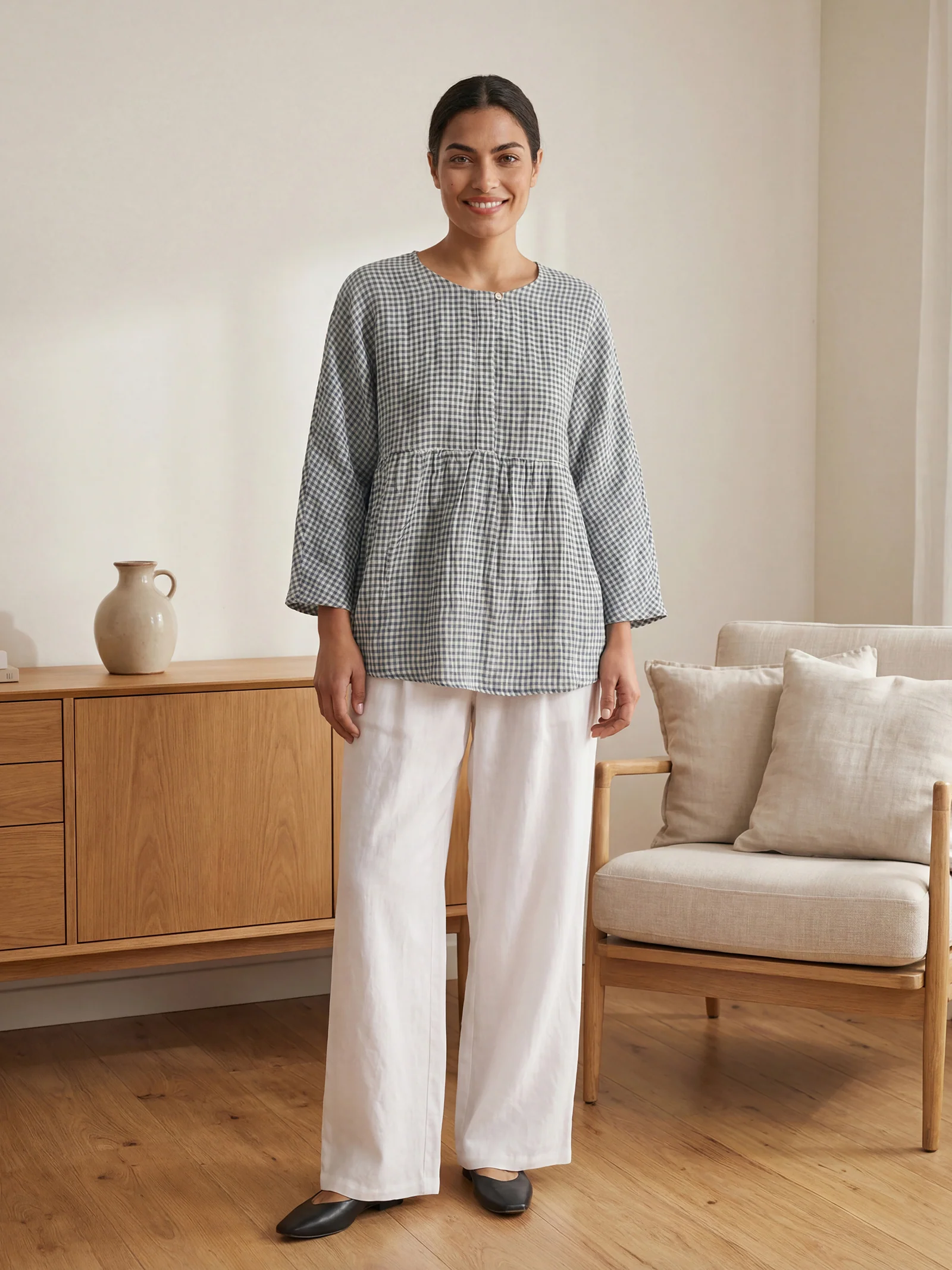 Linen Checked Long-Sleeved Top CAROLINE - Image 9