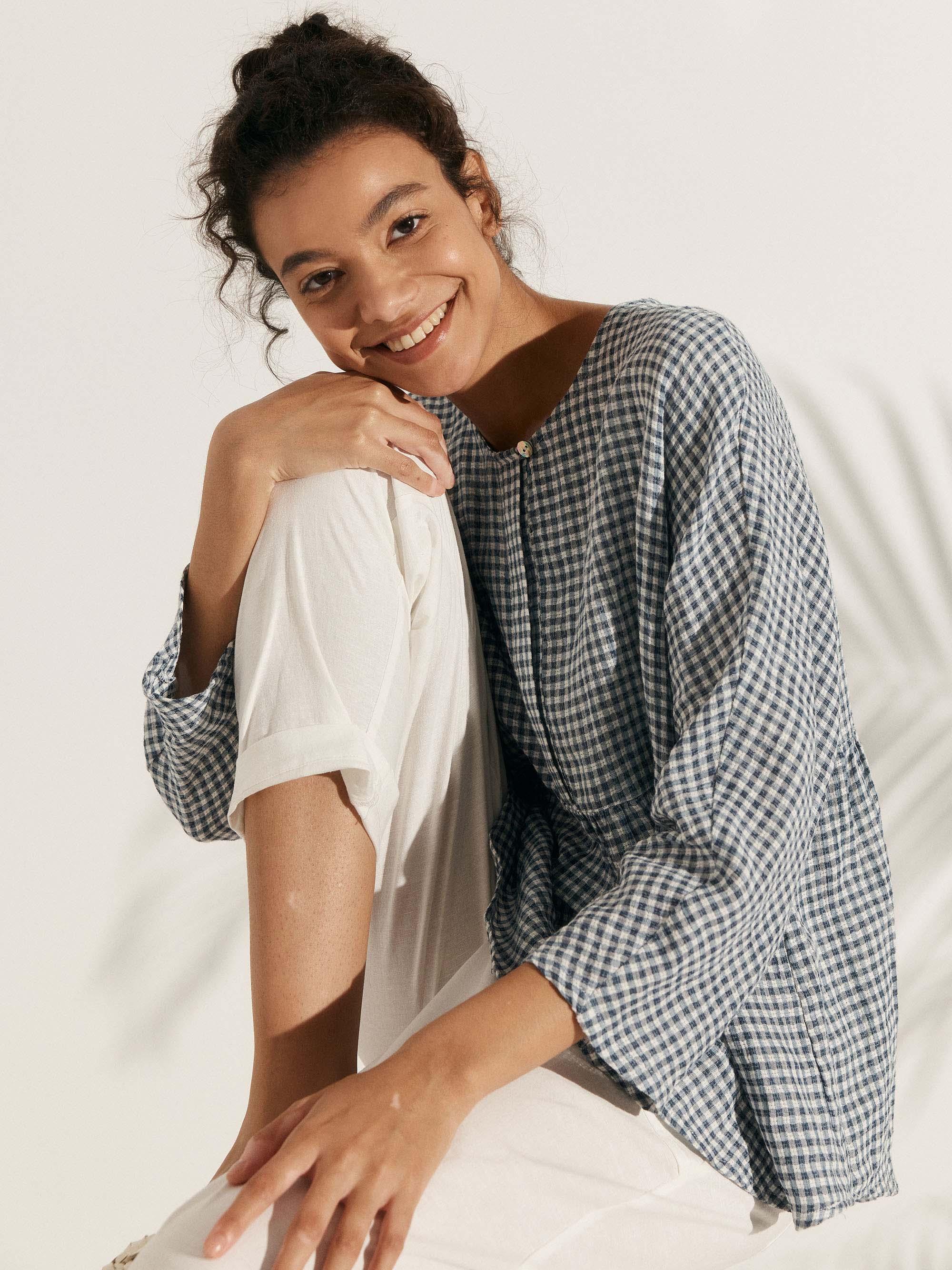 Linen Checked Long-Sleeved Top CAROLINE - Image 14