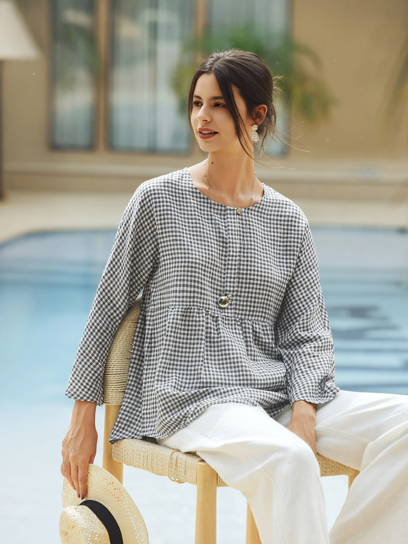 Linen Checked Long-Sleeved Top CAROLINE - Image 4