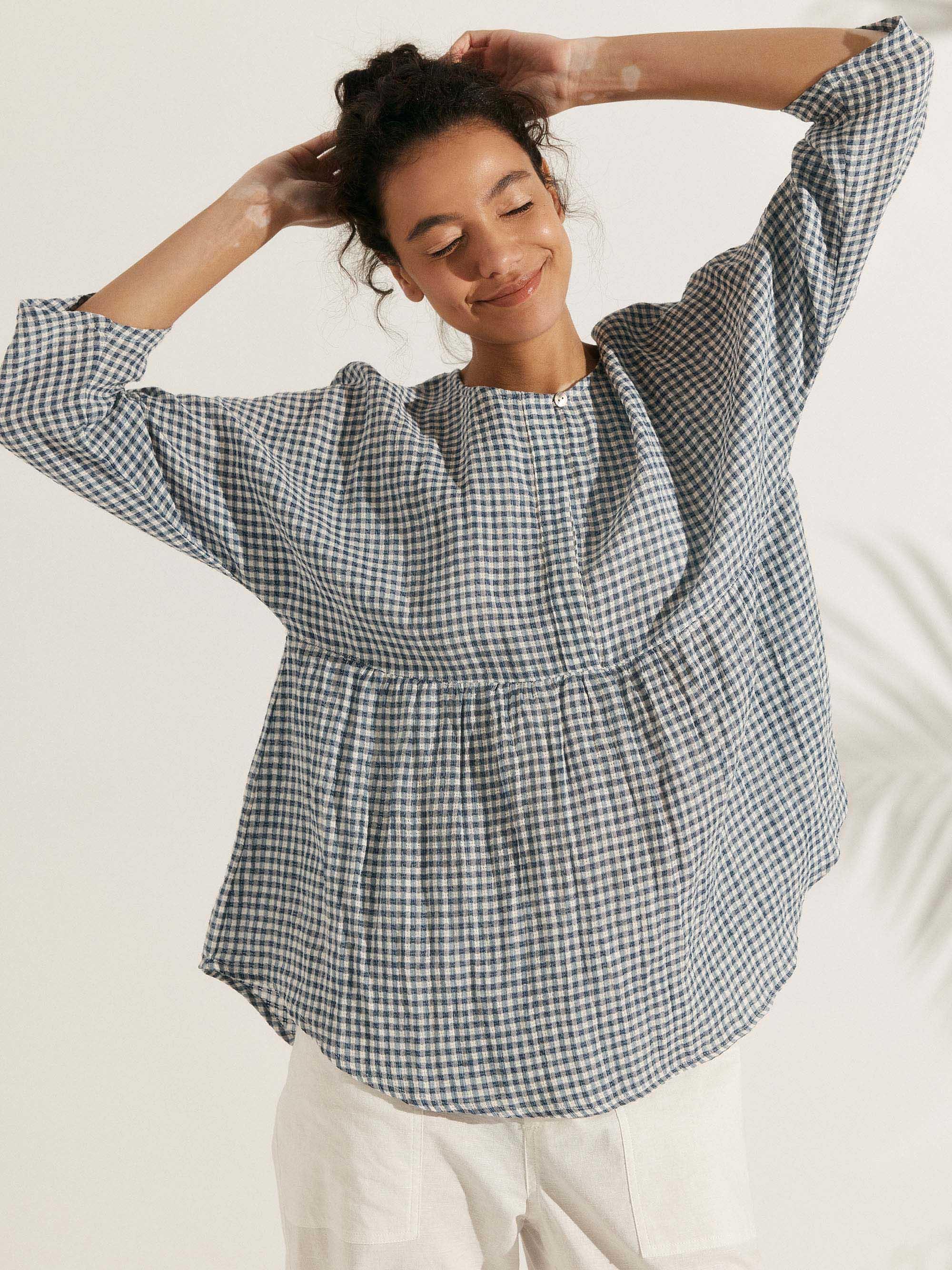 Linen Checked Long-Sleeved Top CAROLINE - Image 6