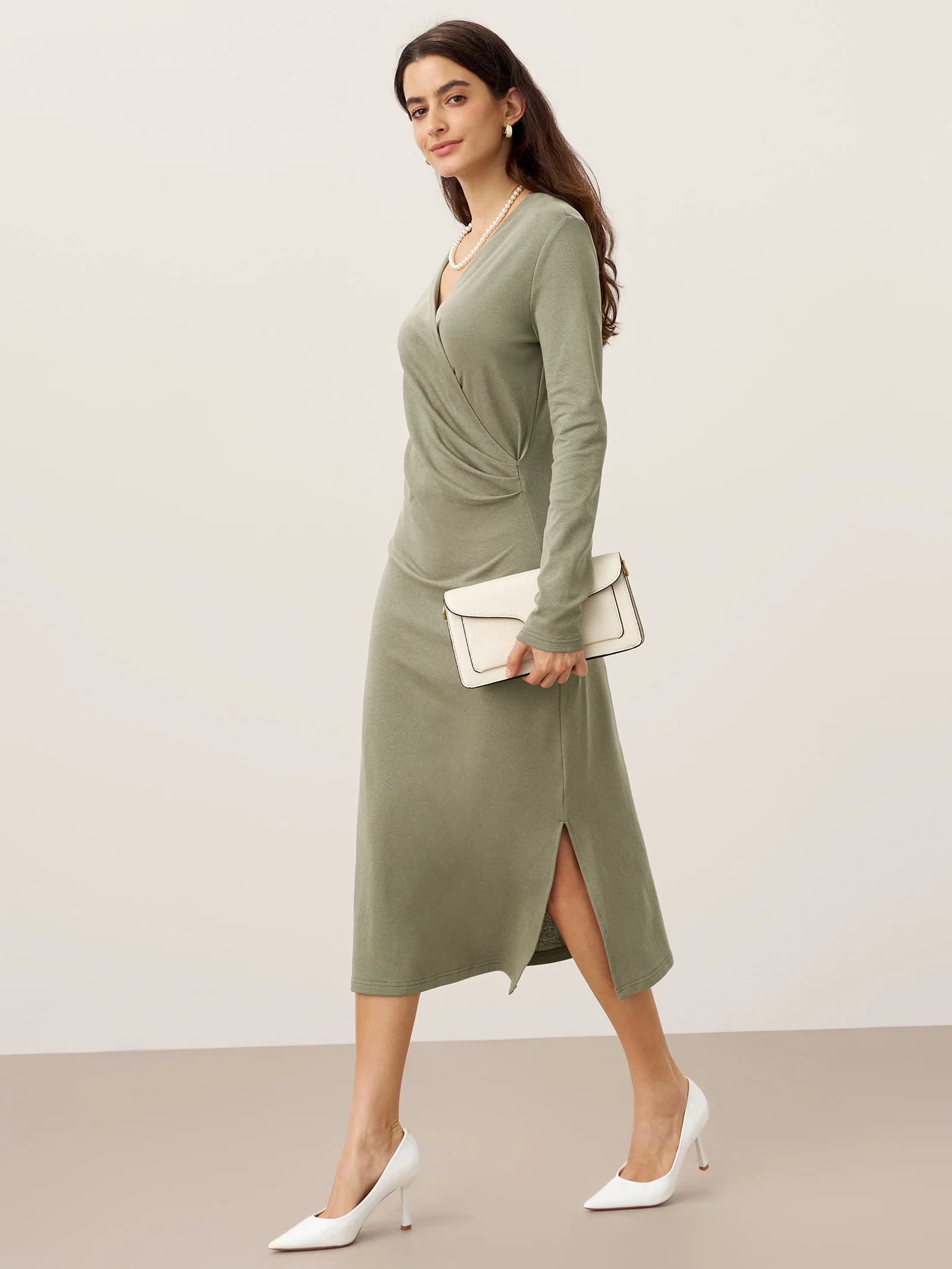 Crossover V-Neck Wrap Stretch Midi Dress MARNIE - Image 17