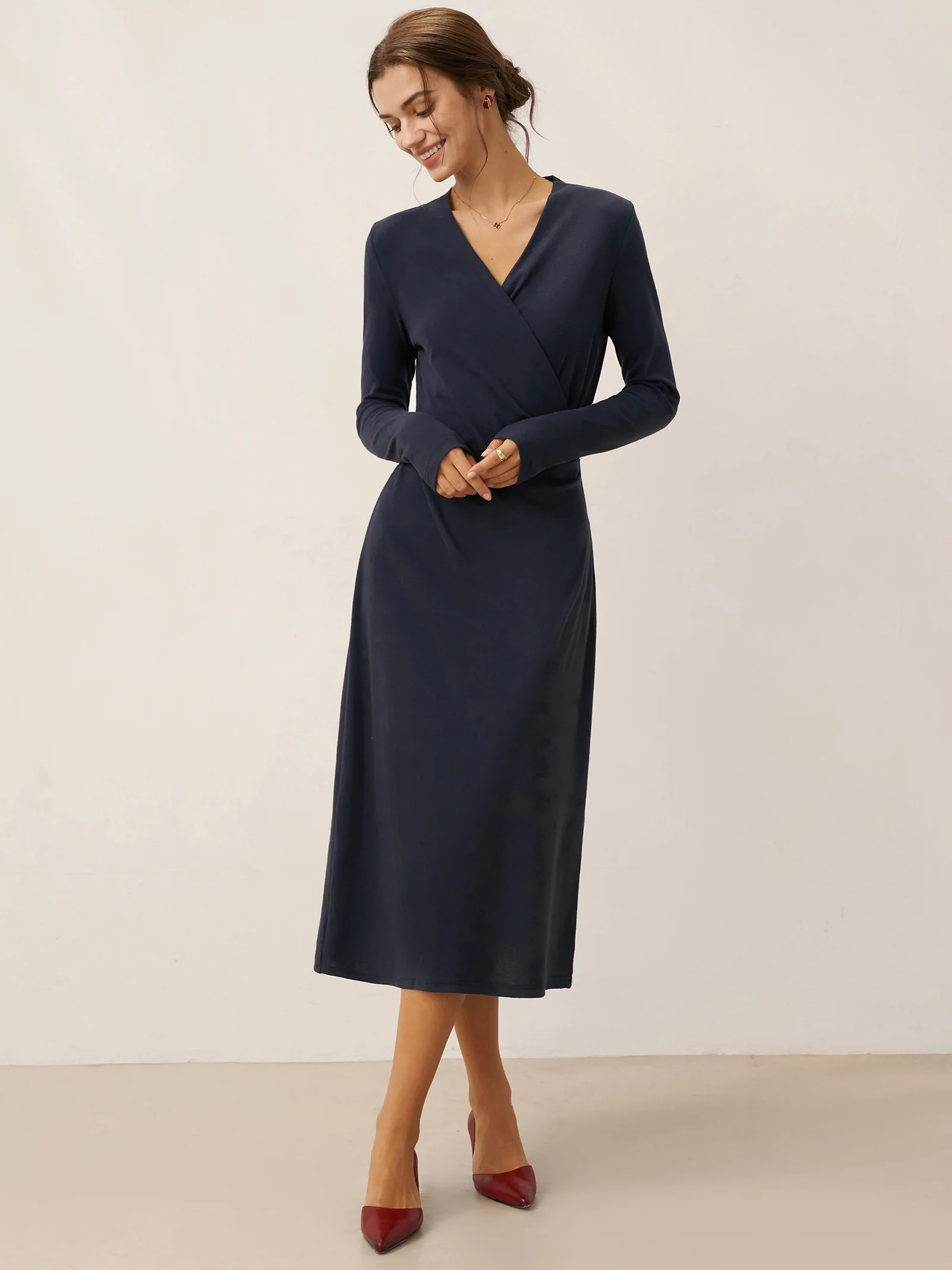 Crossover V-Neck Wrap Stretch Midi Dress MARNIE - Image 3