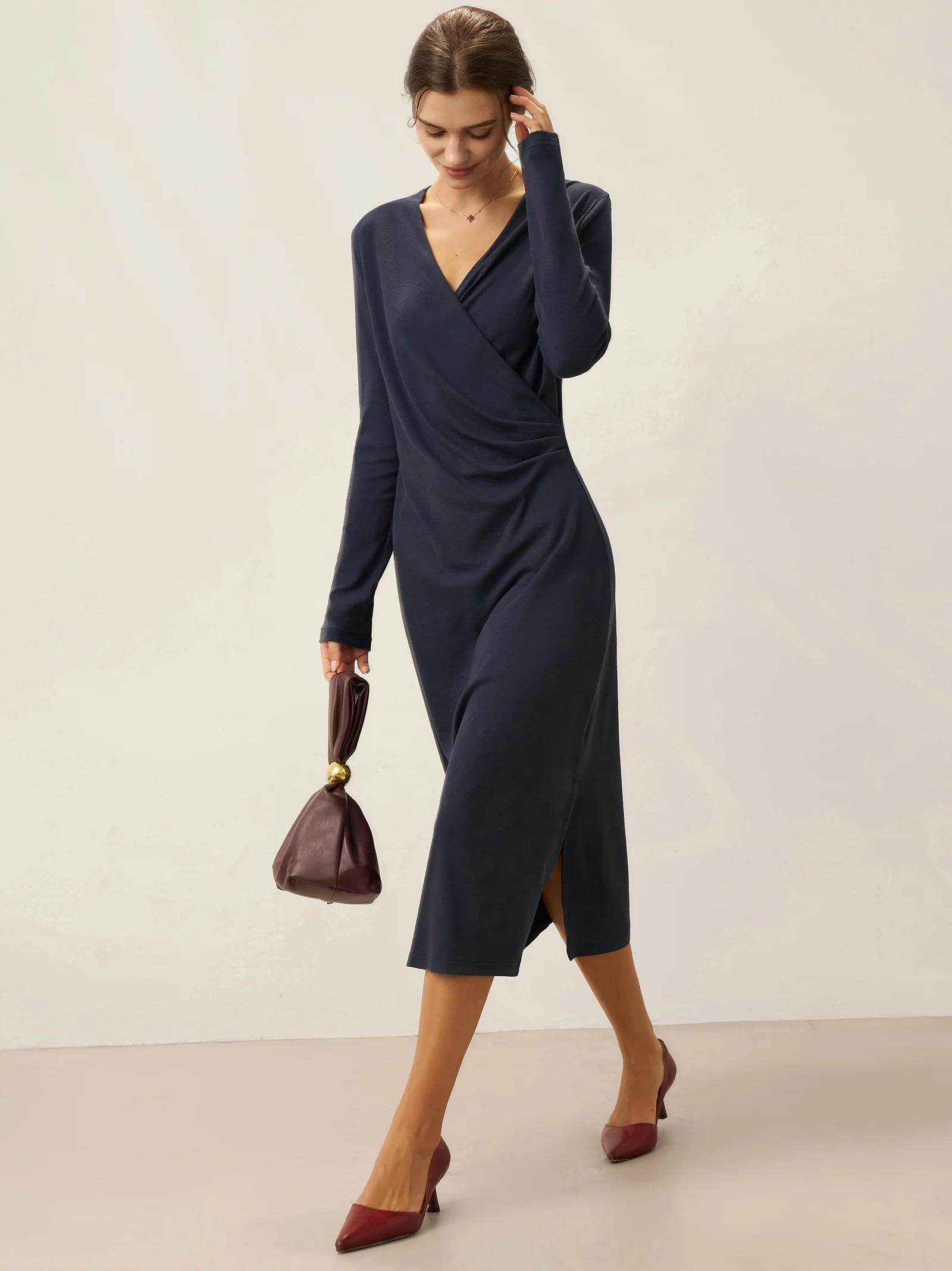Crossover V-Neck Wrap Stretch Midi Dress MARNIE - Image 7