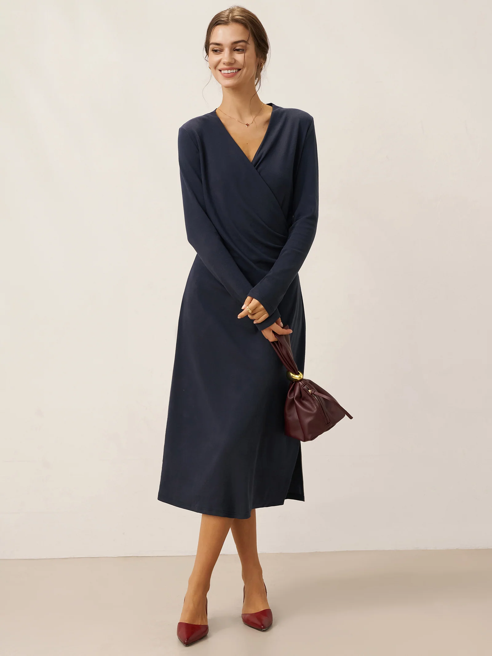 Crossover V-Neck Wrap Stretch Midi Dress MARNIE - Image 8