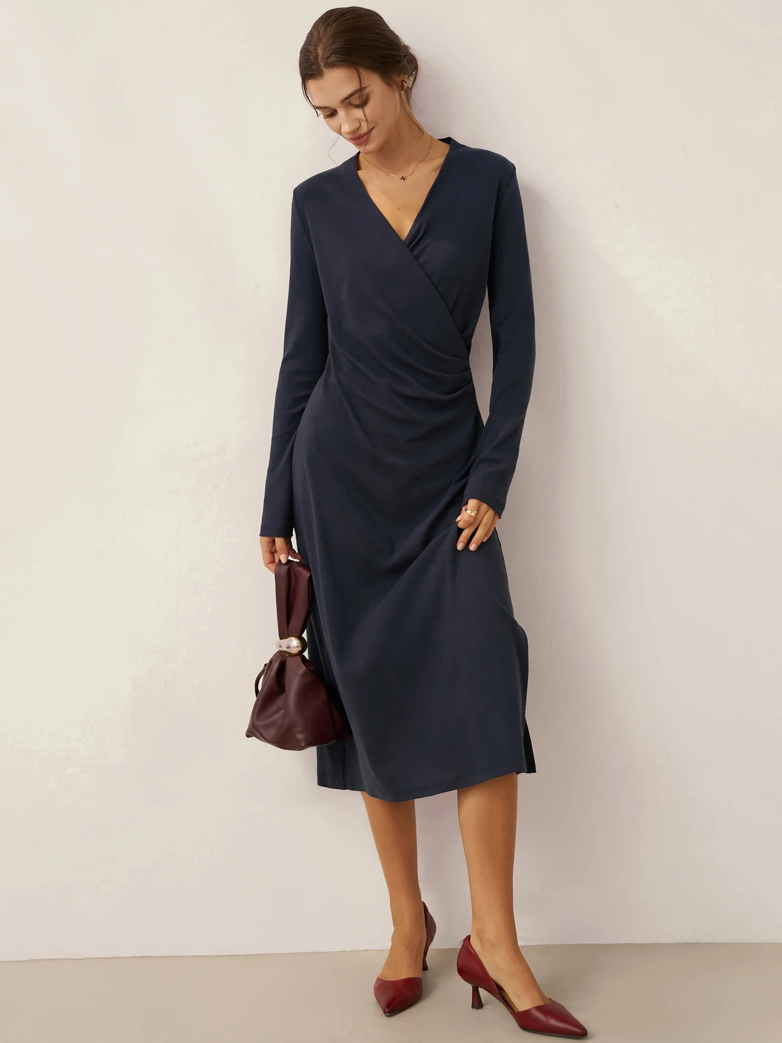Crossover V-Neck Wrap Stretch Midi Dress MARNIE - Image 9