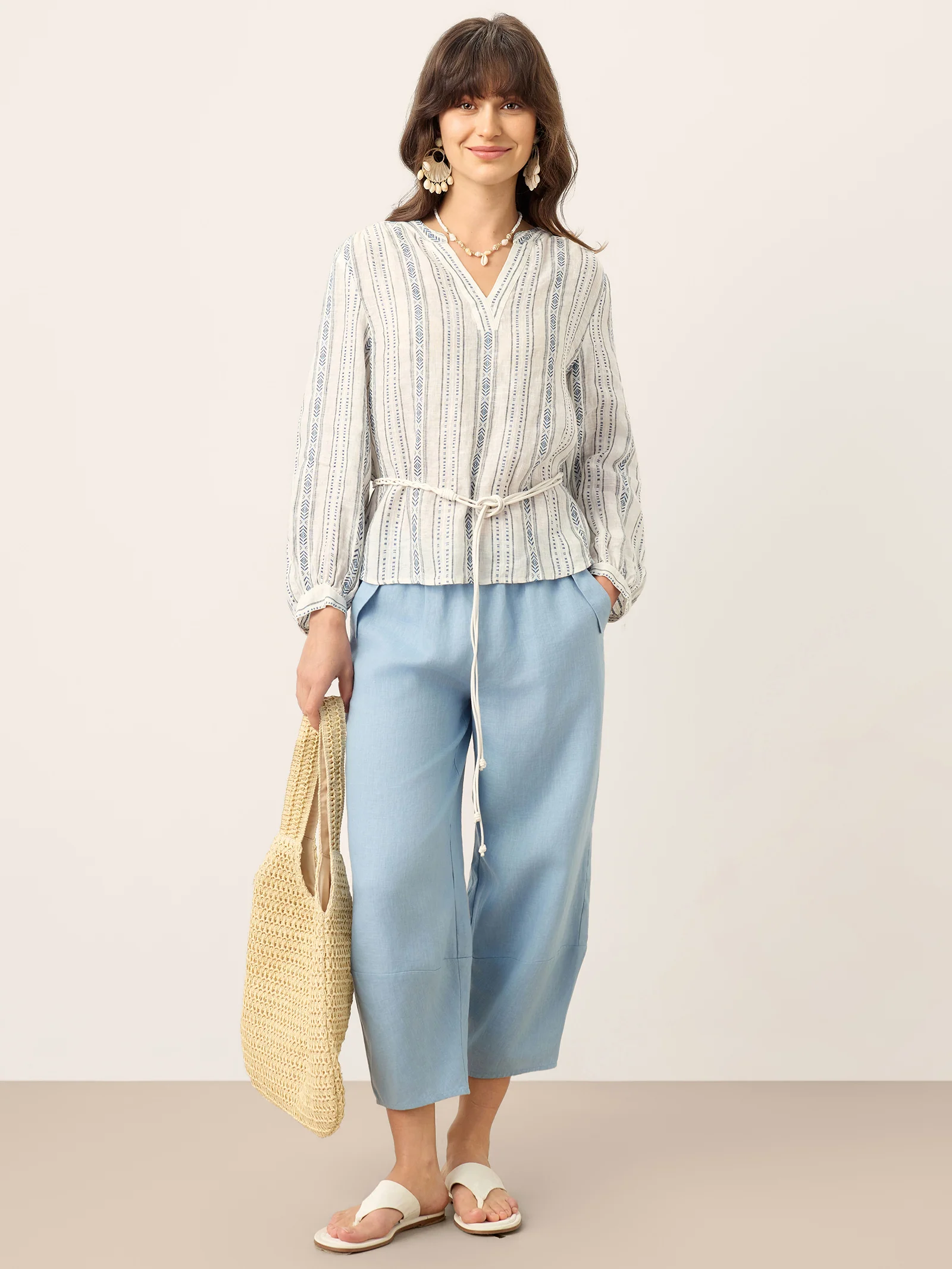 Linen Tribal Stripe Split Neck Bohemian Blouse KERENZA - Image 10