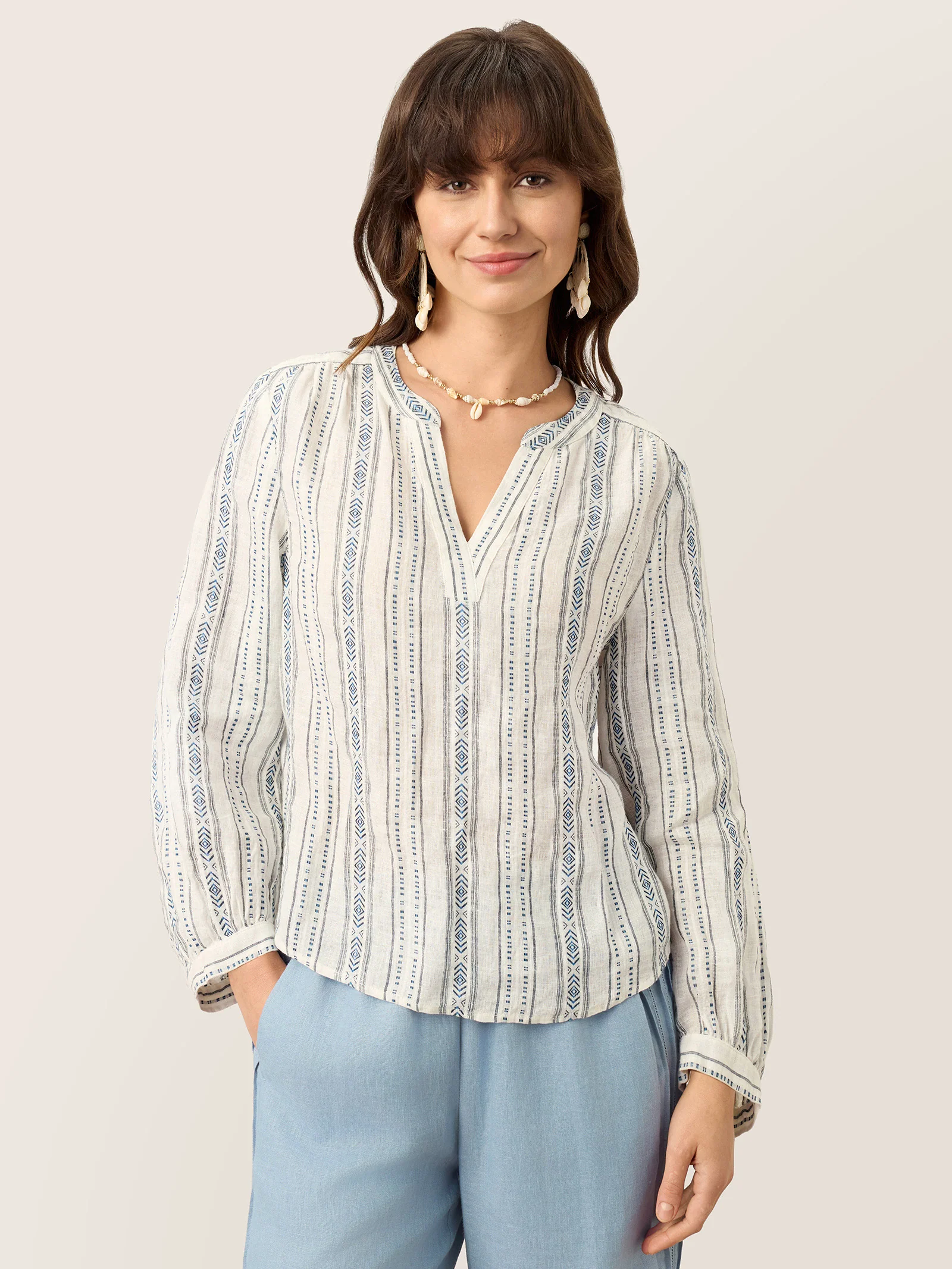 Linen Tribal Stripe Split Neck Bohemian Blouse KERENZA - Image 6
