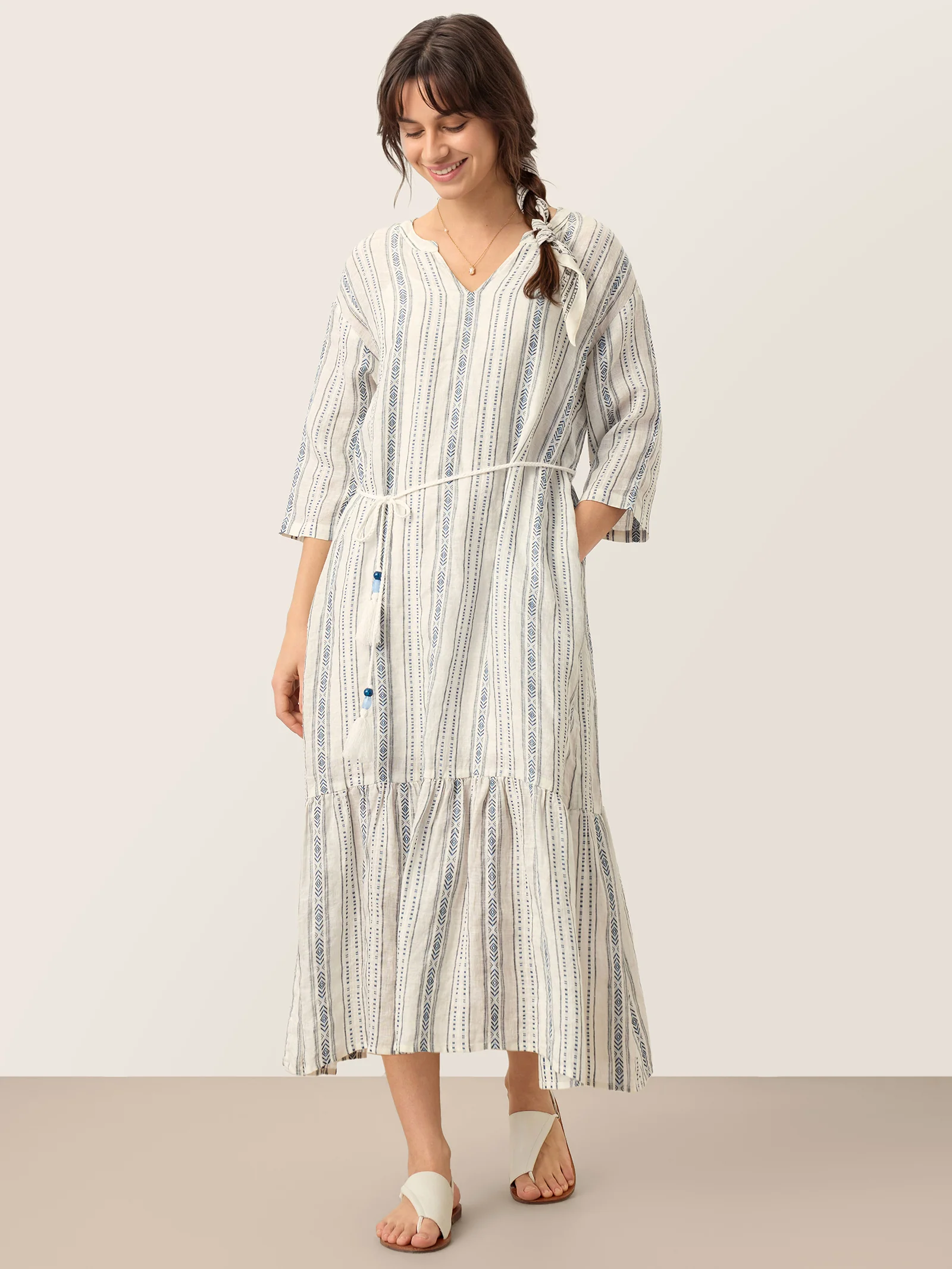 Linen Tribal Stripe Split Neck Bohemian Ruffle Maxi Dress with Woven Belt and Slip MARLOWE