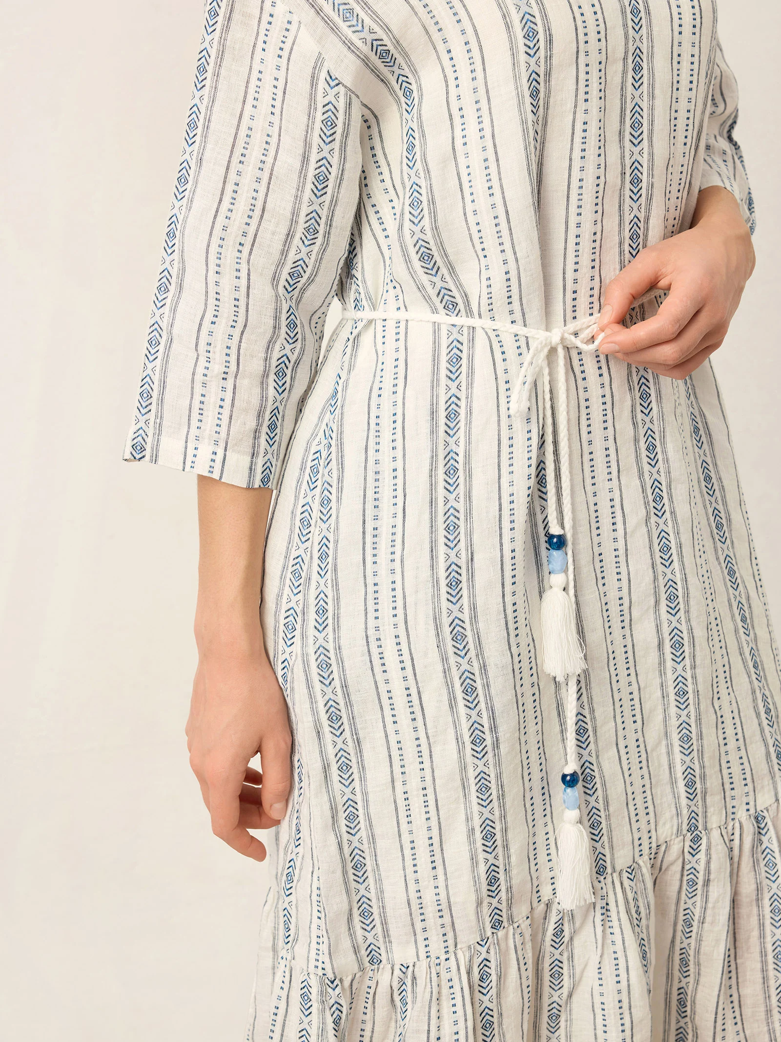 Linen Tribal Stripe Split Neck Bohemian Ruffle Maxi Dress with Woven Belt and Slip MARLOWE - Image 10