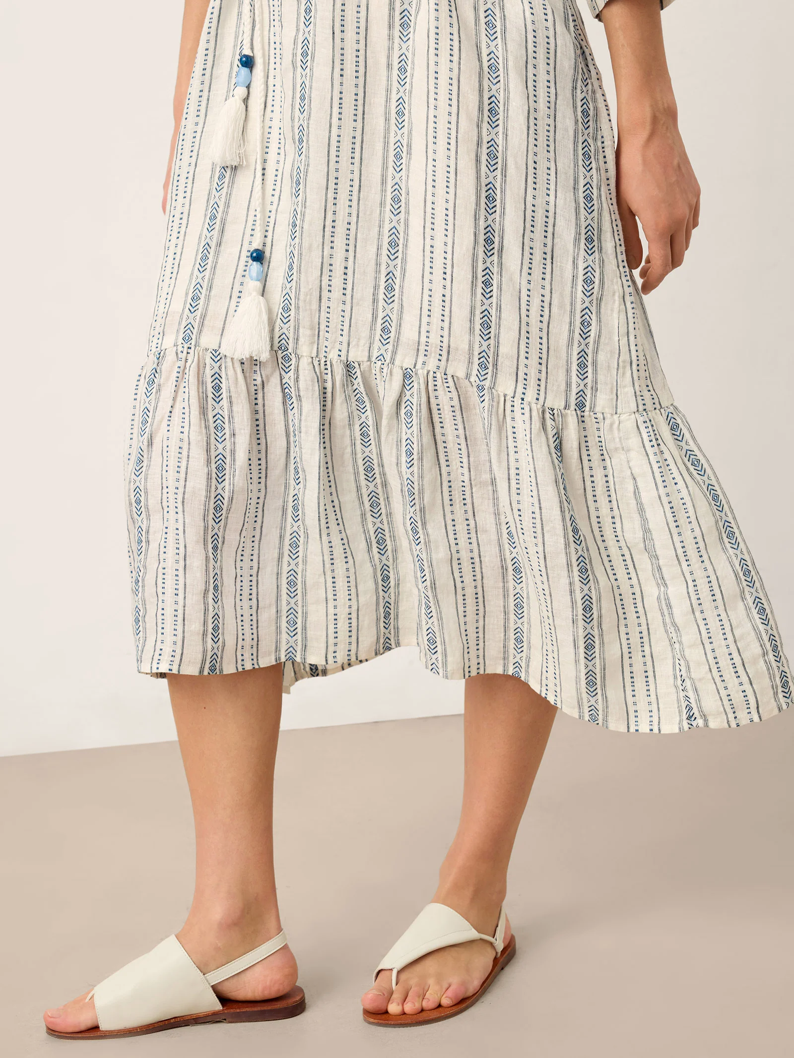 Linen Tribal Stripe Split Neck Bohemian Ruffle Maxi Dress with Woven Belt and Slip MARLOWE - Image 11