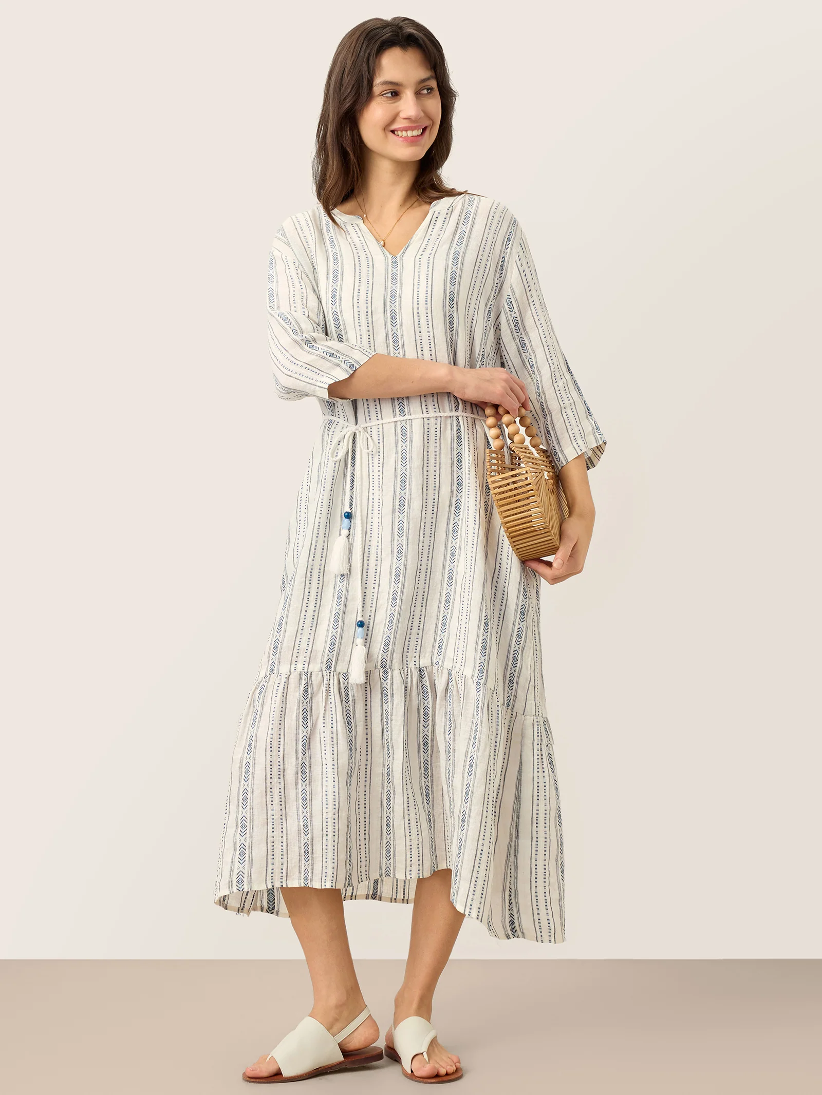 Linen Tribal Stripe Split Neck Bohemian Ruffle Maxi Dress with Woven Belt and Slip MARLOWE - Image 12