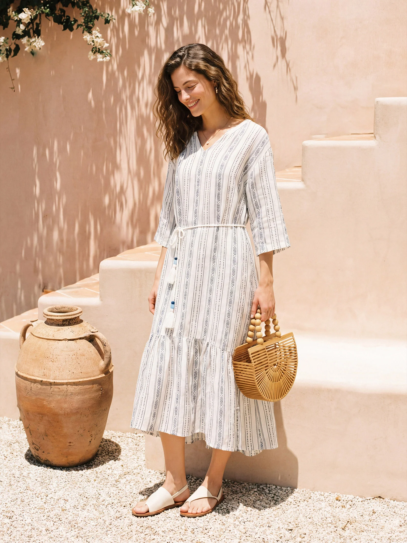 Linen Tribal Stripe Split Neck Bohemian Ruffle Maxi Dress with Woven Belt and Slip MARLOWE - Image 2