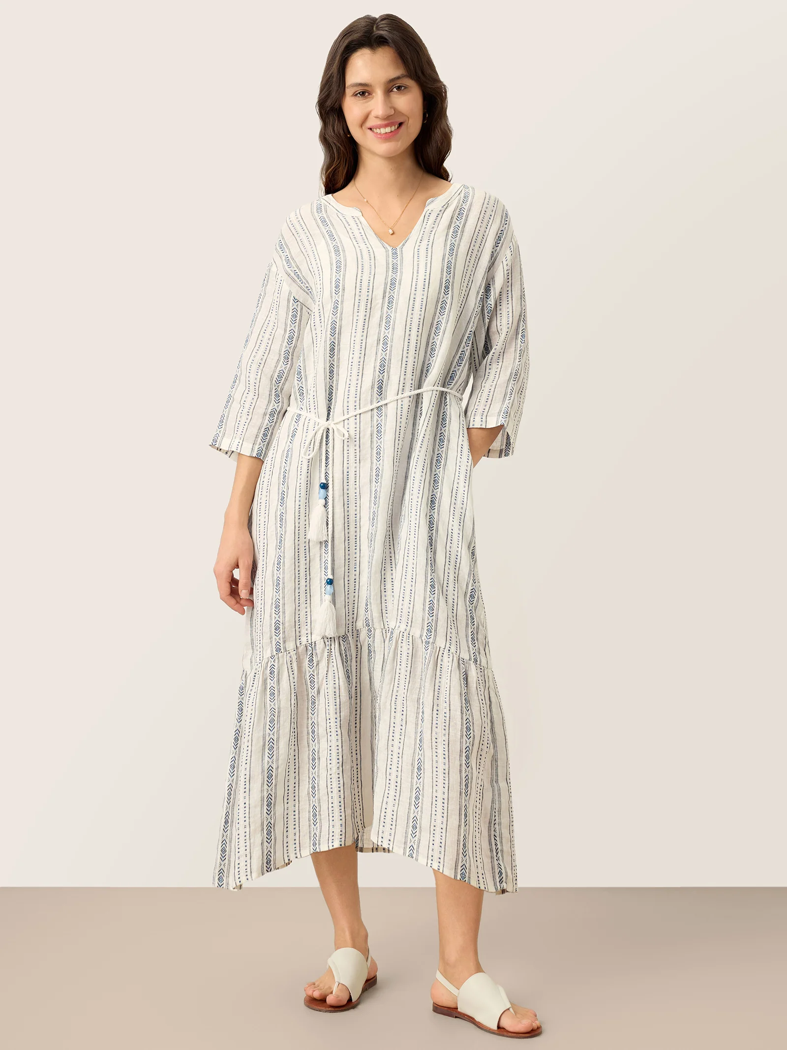 Linen Tribal Stripe Split Neck Bohemian Ruffle Maxi Dress with Woven Belt and Slip MARLOWE - Image 3