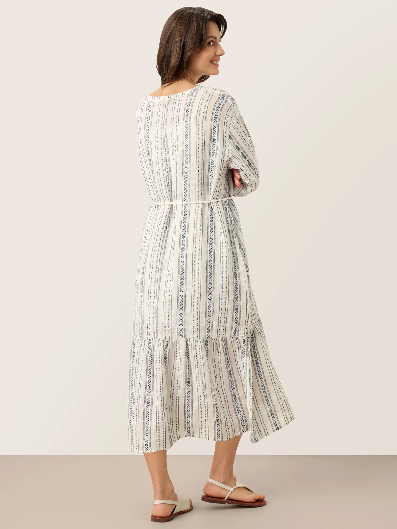 Linen Tribal Stripe Split Neck Bohemian Ruffle Maxi Dress with Woven Belt and Slip MARLOWE - Image 4