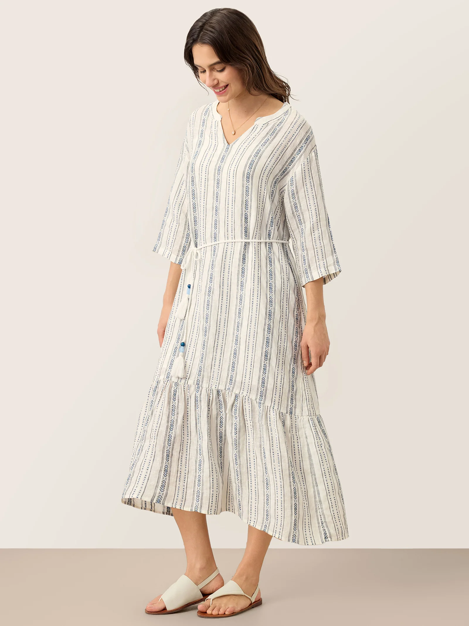 Linen Tribal Stripe Split Neck Bohemian Ruffle Maxi Dress with Woven Belt and Slip MARLOWE - Image 7