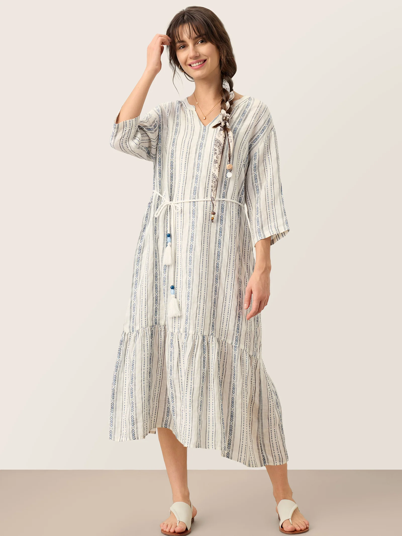 Linen Tribal Stripe Split Neck Bohemian Ruffle Maxi Dress with Woven Belt and Slip MARLOWE - Image 8