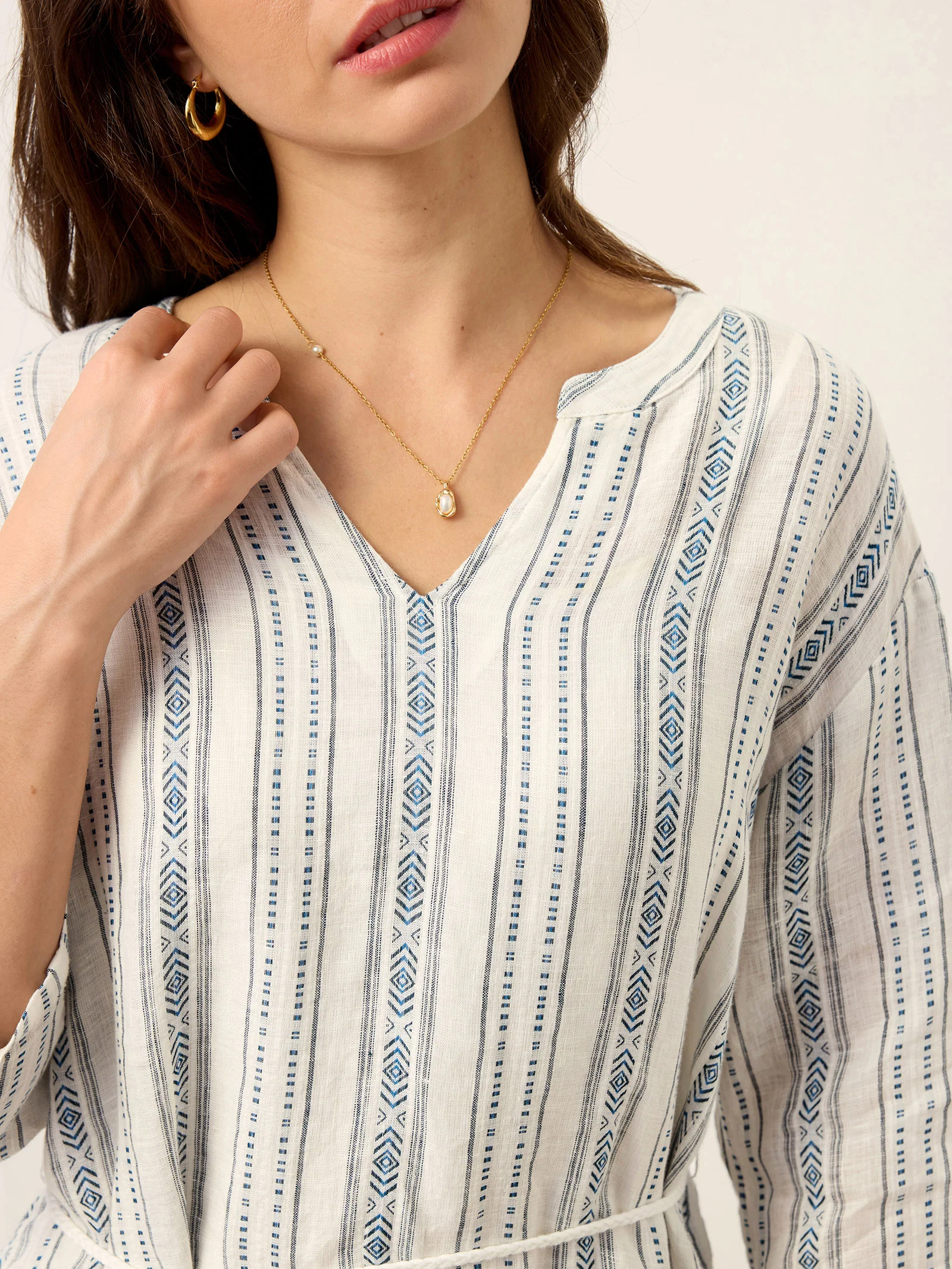 Linen Tribal Stripe Split Neck Bohemian Ruffle Maxi Dress with Woven Belt and Slip MARLOWE - Image 9