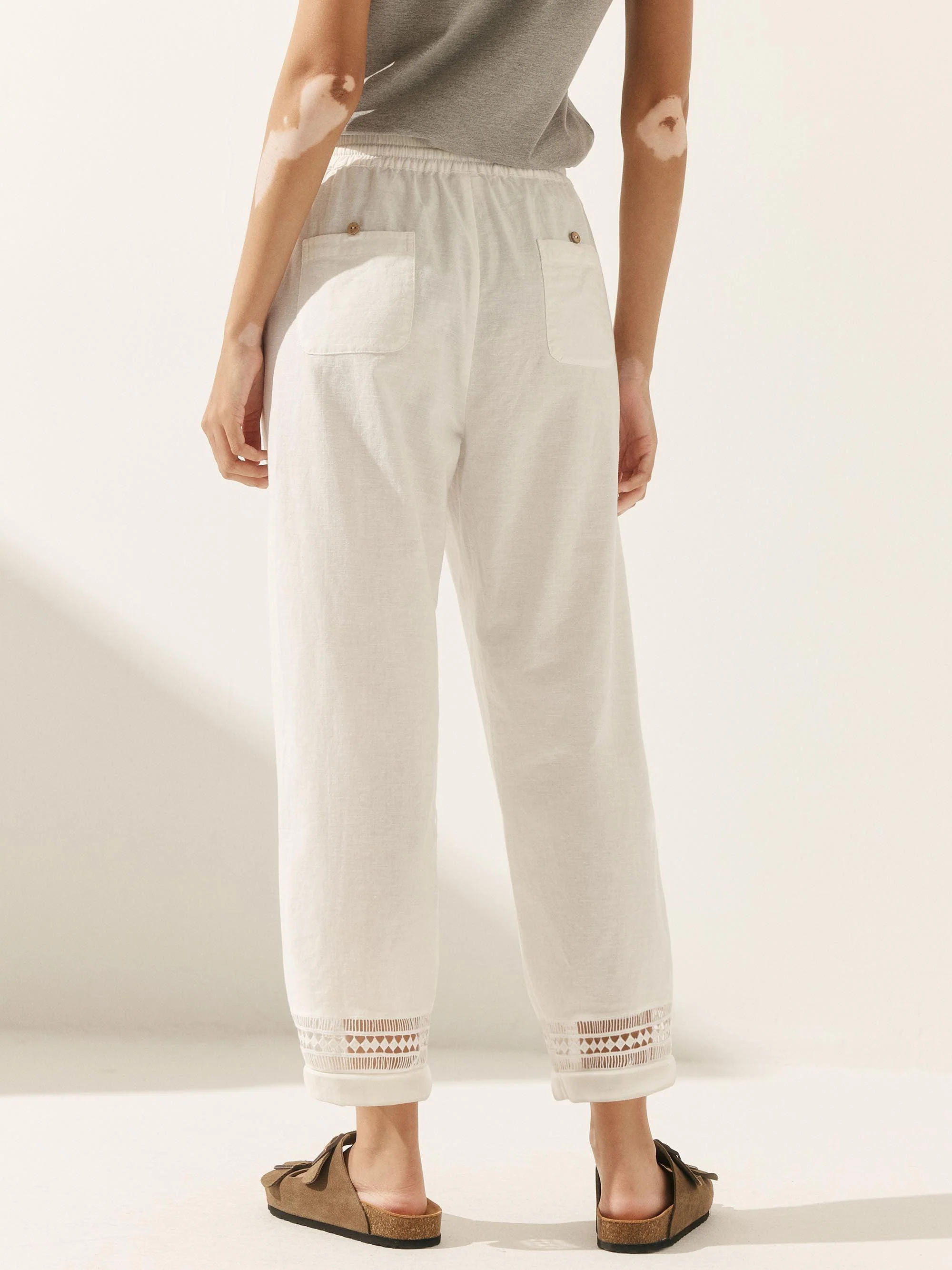 Linen Hollow Lace Stitching Elastic Waist Ankle Length Pants RITA - Image 3