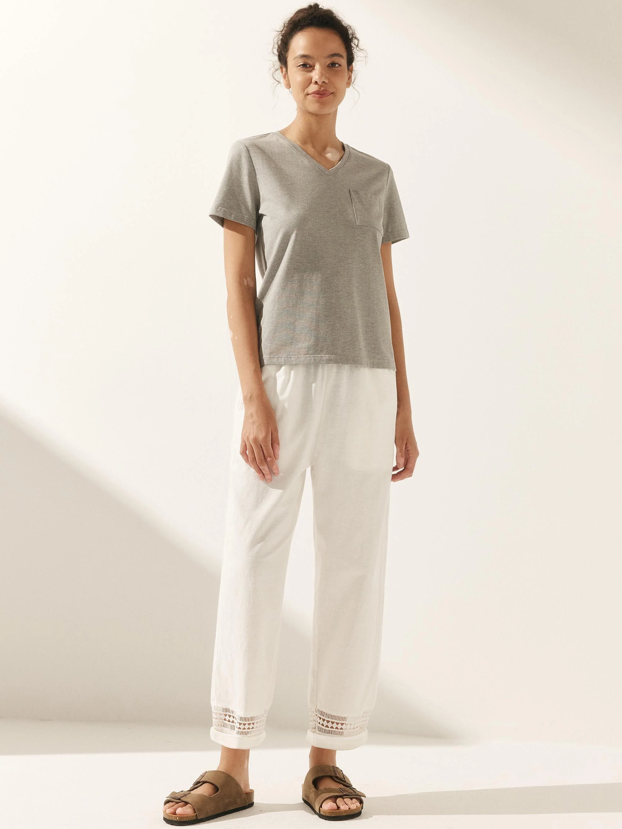 Linen Hollow Lace Stitching Elastic Waist Ankle Length Pants RITA - Image 4