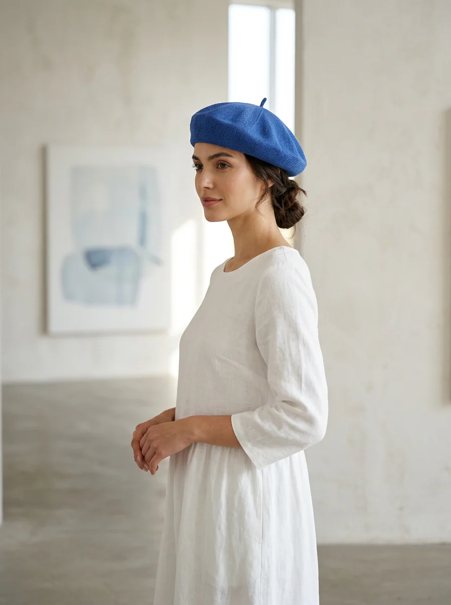 Linen Knit Beret Hat for Women Lightweight Breathable Summer Artist Cap - Image 4
