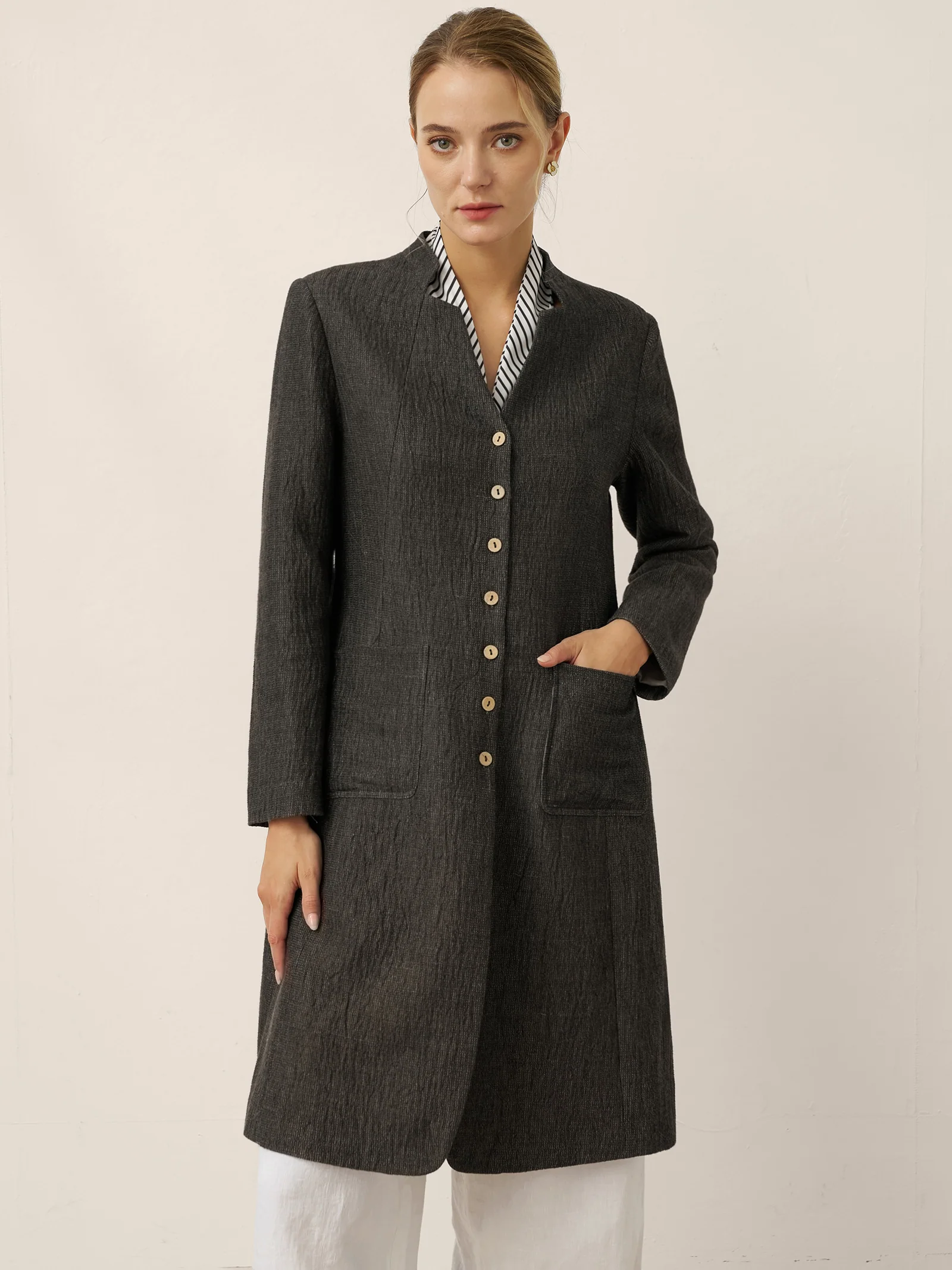 Linen Mandarin Collar Button-Up Long Shirt Jacket JORDAN