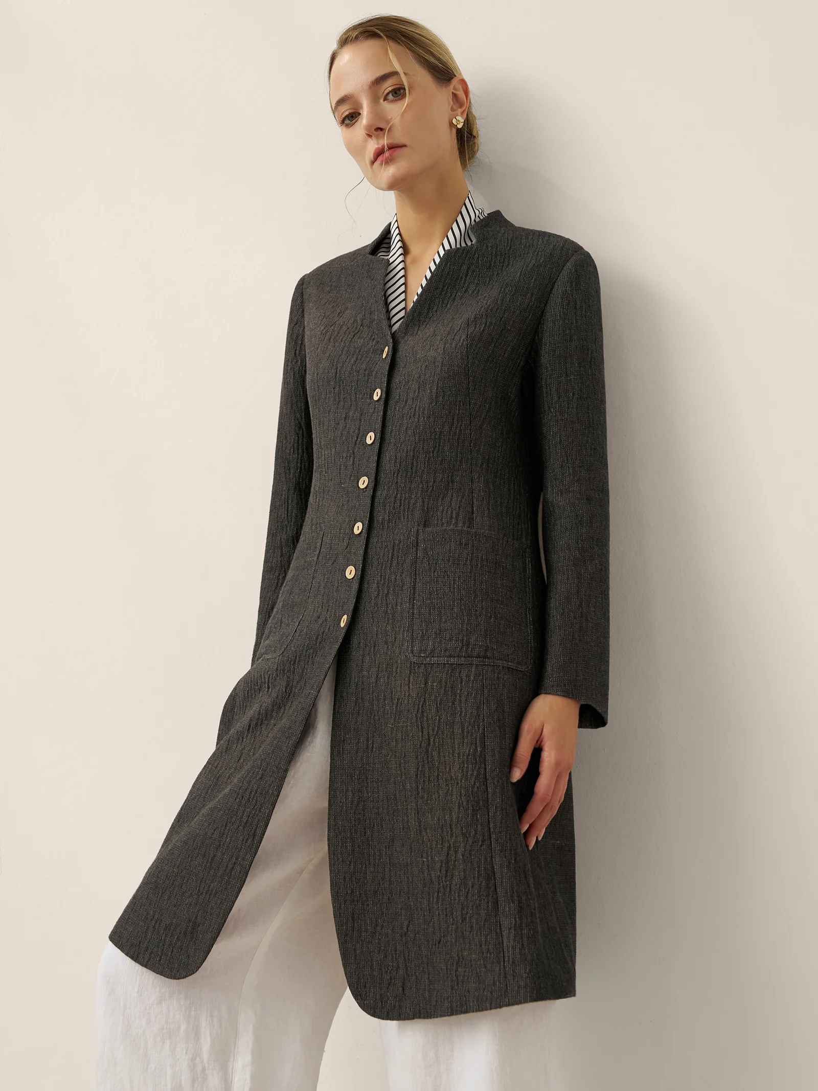 Linen Mandarin Collar Button-Up Long Shirt Jacket JORDAN - Image 2